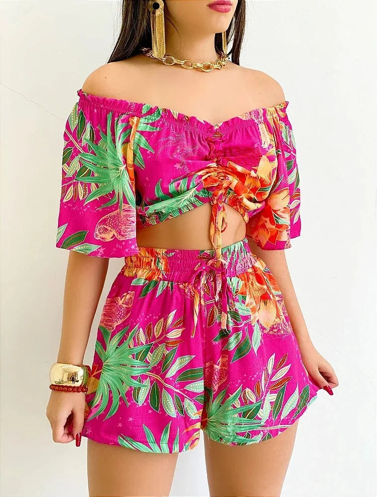 Shoulder Slash Neck T-shirt Shorts Set Office Lady Floral Print Lace Up Short Sleeve Two Piece Set Women Outfit 2026