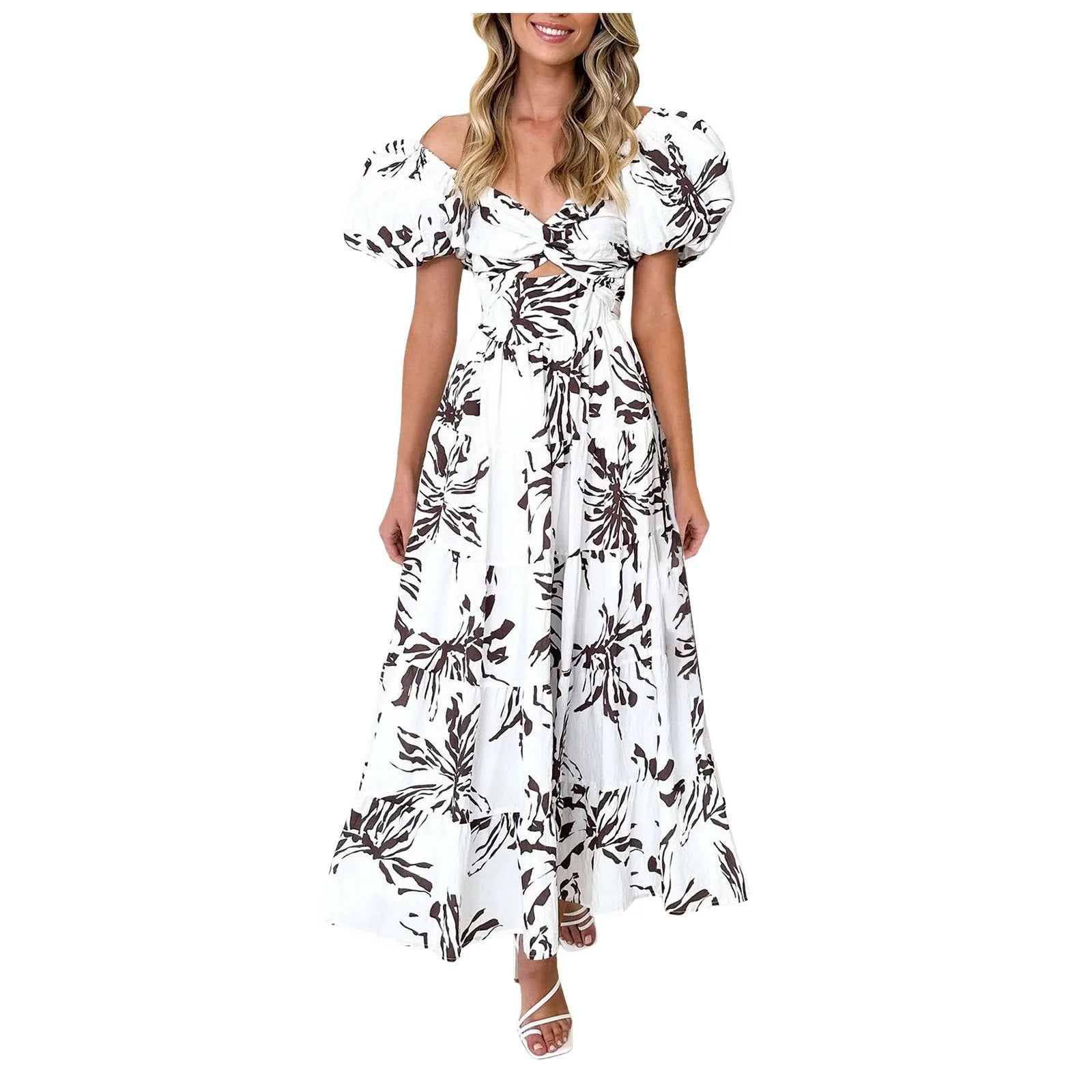 Summer V Neck Cutout Floral Print Dresses Elegant Women Puff Short Sleeve Casual Dress Pleated Waisted Swing Beach Long Dress 2026 by DERILUJA LLC