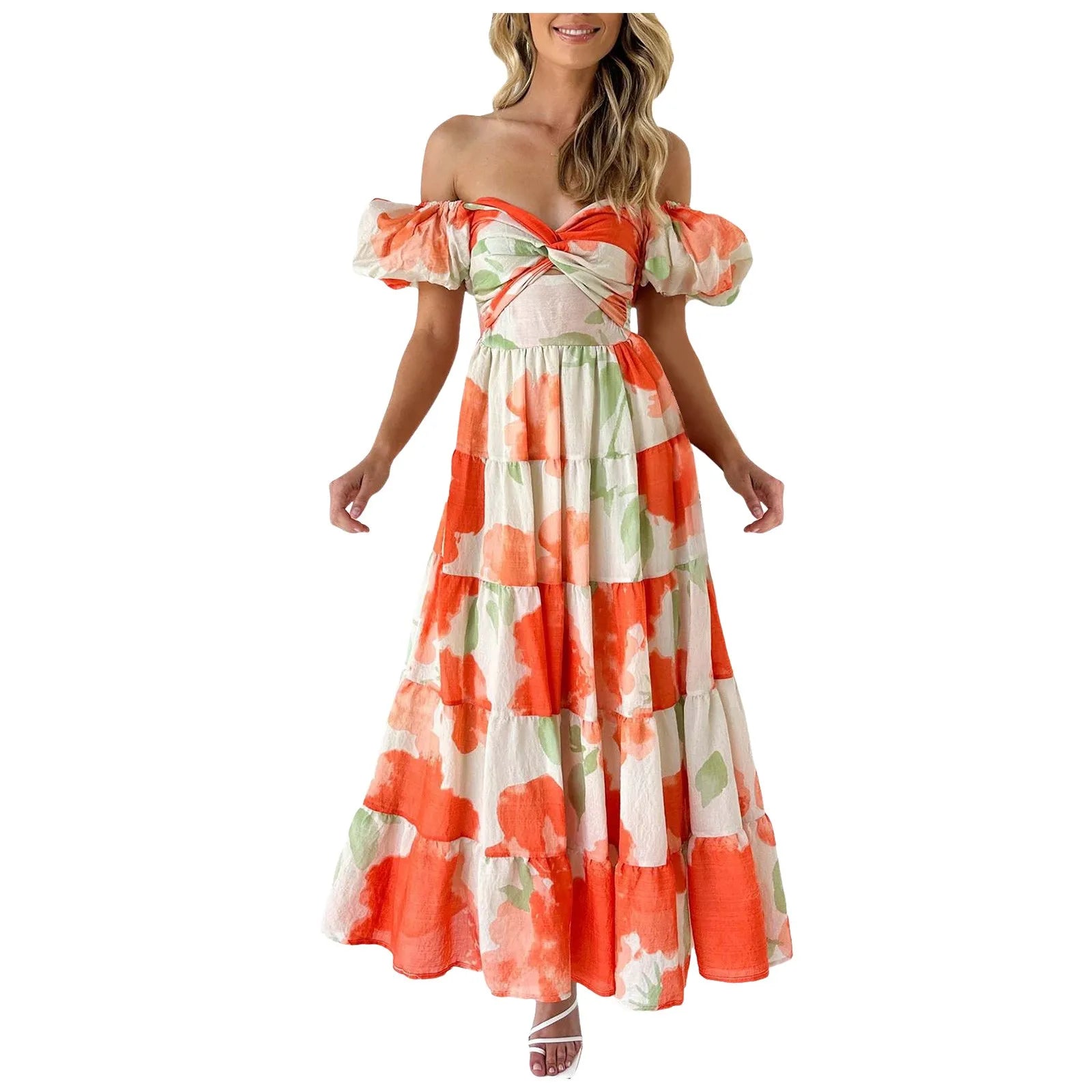 Summer V Neck Cutout Floral Print Dresses Elegant Women Puff Short Sleeve Casual Dress Pleated Waisted Swing Beach Long Dress 2026 by DERILUJA LLC