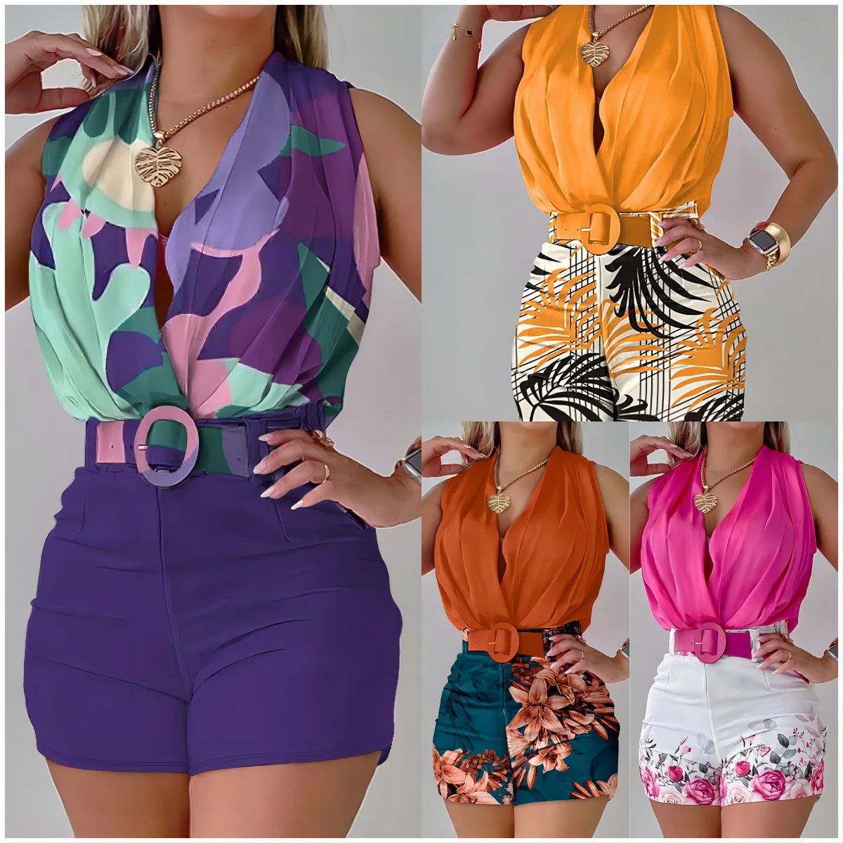 Summer two-piece ( 2 Pieces Sets) for Women Fashion Sleeveless Halter Top Printed Shorts Two Piece Set Elegant Office Lady Commuting Suit 2026 by DERILUJA LLC