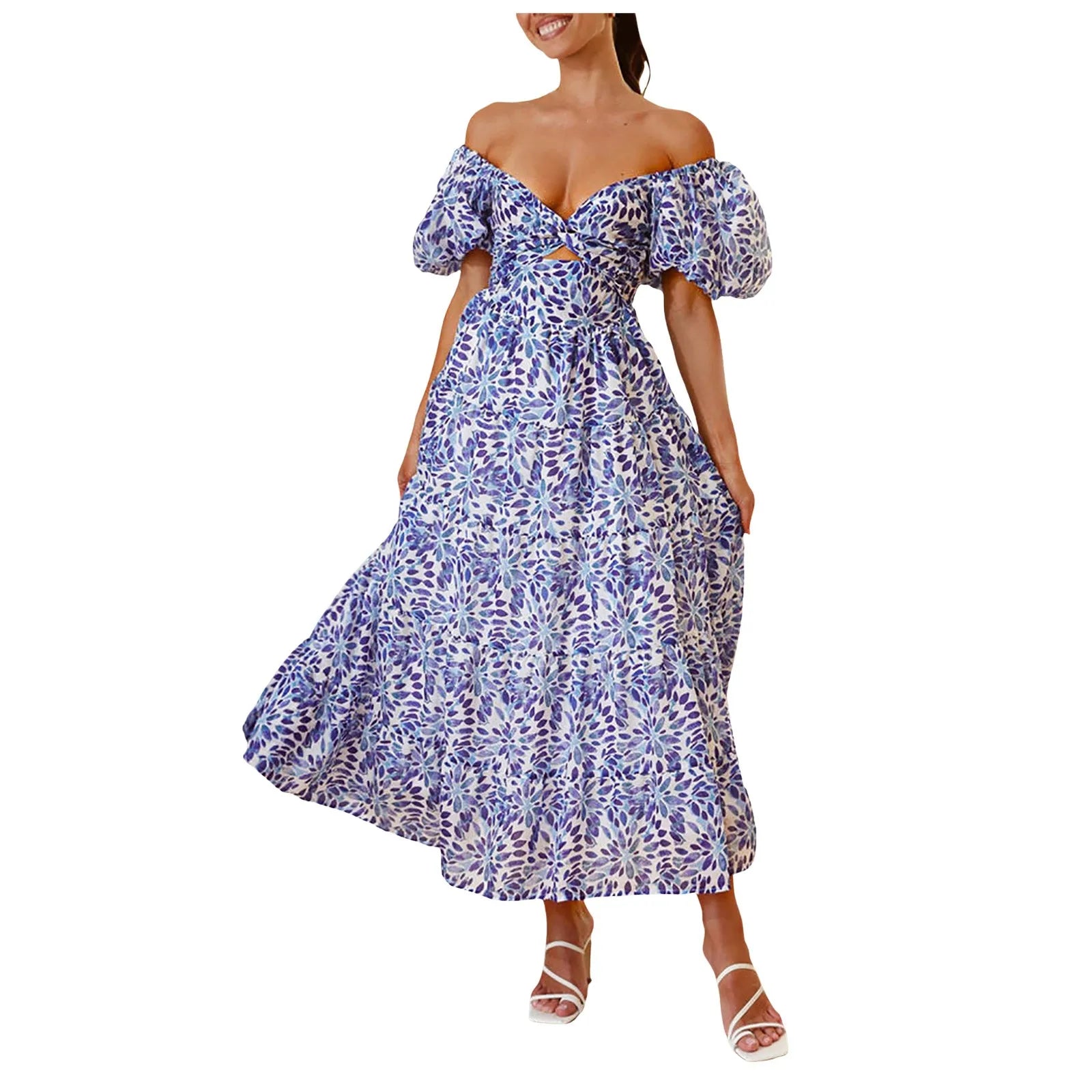 Summer V Neck Cutout Floral Print Dresses Elegant Women Puff Short Sleeve Casual Dress Pleated Waisted Swing Beach Long Dress 2026 by DERILUJA LLC