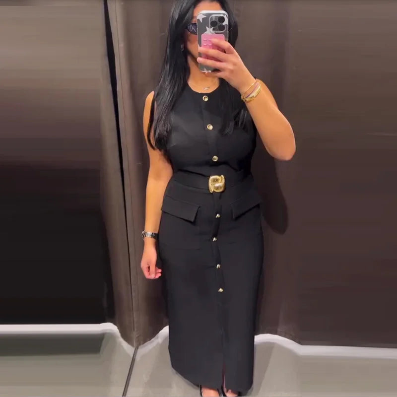 Long Dresses Summer 2026 Sleeveess Button Up Belt Sundress Vestidos by DERILUJA LLC