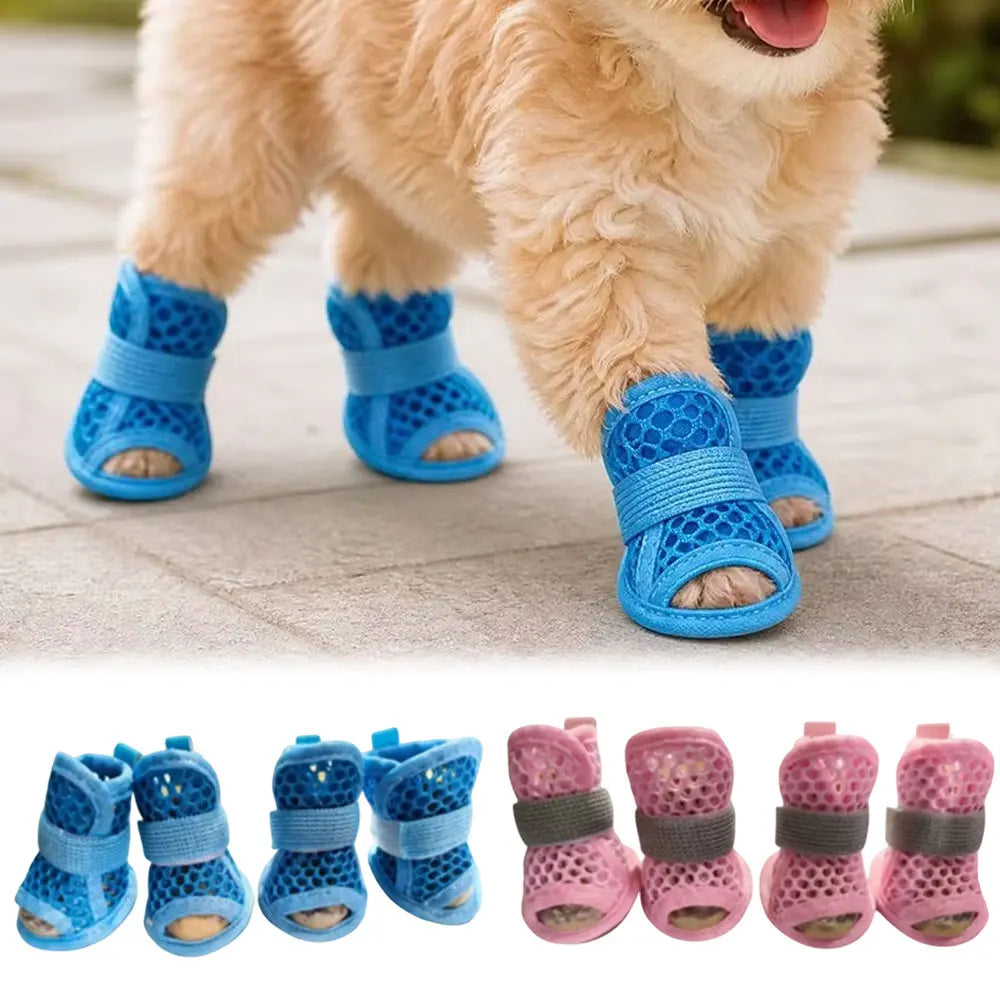 4Pcs Cute Mesh Dog Shoes Non-slip Elastic Strap Cooling Dog Boots Soft-sole Wear-resistant Pet Sandals Summer by DERILUJA LLC