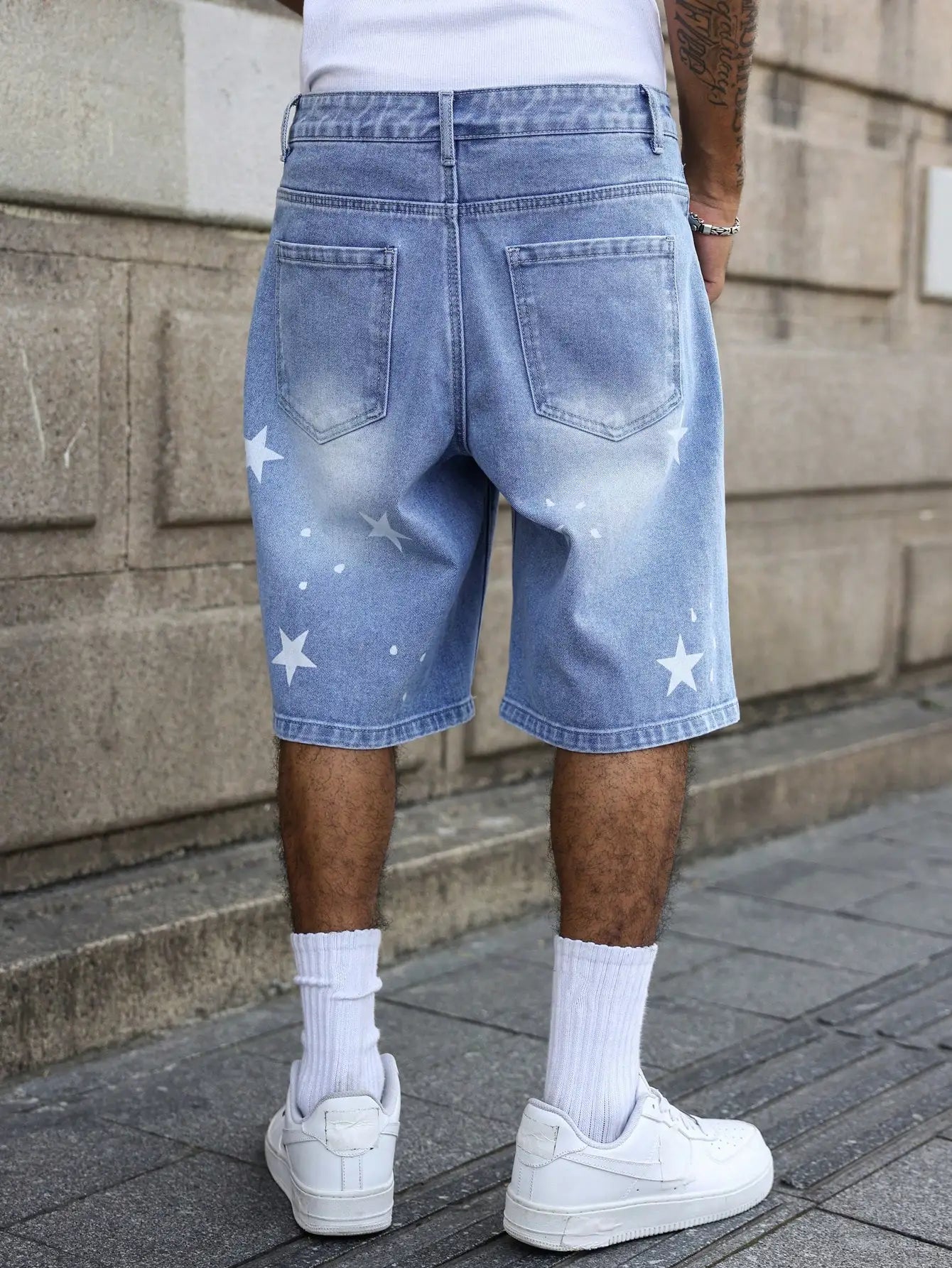 Men's blue denim shorts for spring and summer, with stars printed on the legs, are stylish and simple to match. by DERILUJA LLC