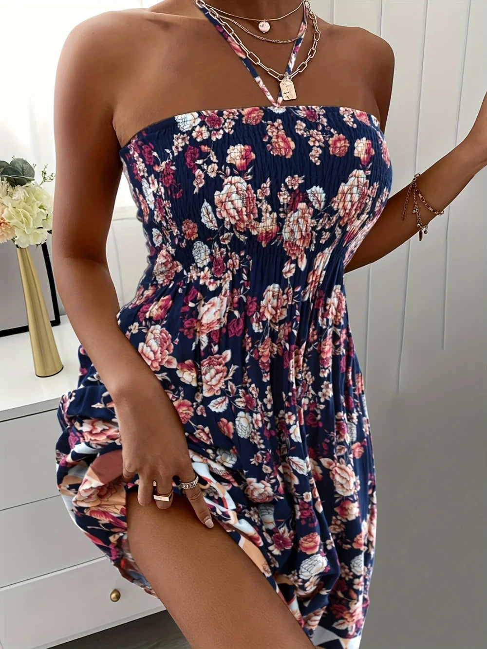Plus Size Women Boho Flower Printed Dress Women's Strap Neck Casual Vacation Dress by DERILUJA LLC