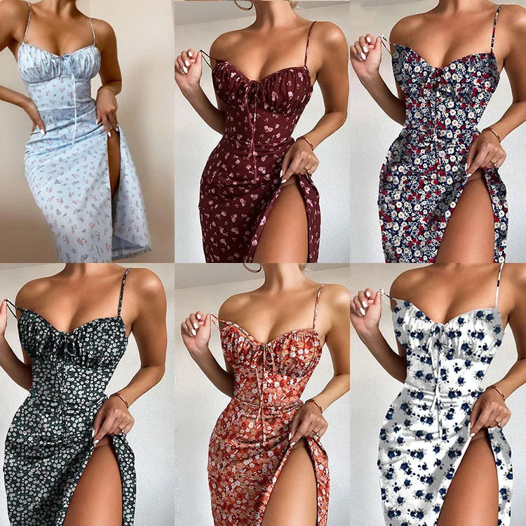 Flower Printed Spaghetti Strap Dresses For Women Low Cut Beach Party Slim Slit Dress Chic Bodycon Lady Sleeveless Vestidos by DERILUJA LLC
