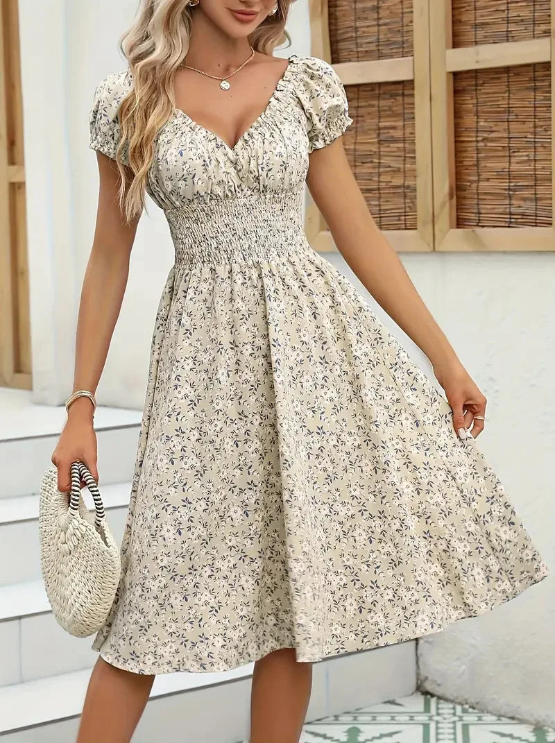 2026 Summer New Vintage Floral Bubble Sleeve French Dress by DERILUJA LLC