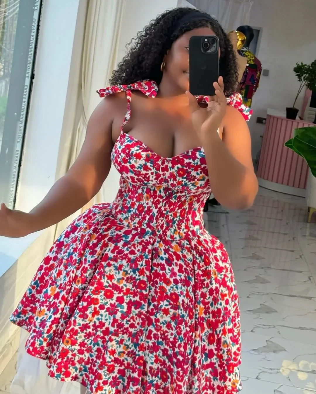 Elegant Floral Print A- Line Mini Dress with Bow Knot High Waist Slimming for Women Spring Season Fashion Casual Skirt