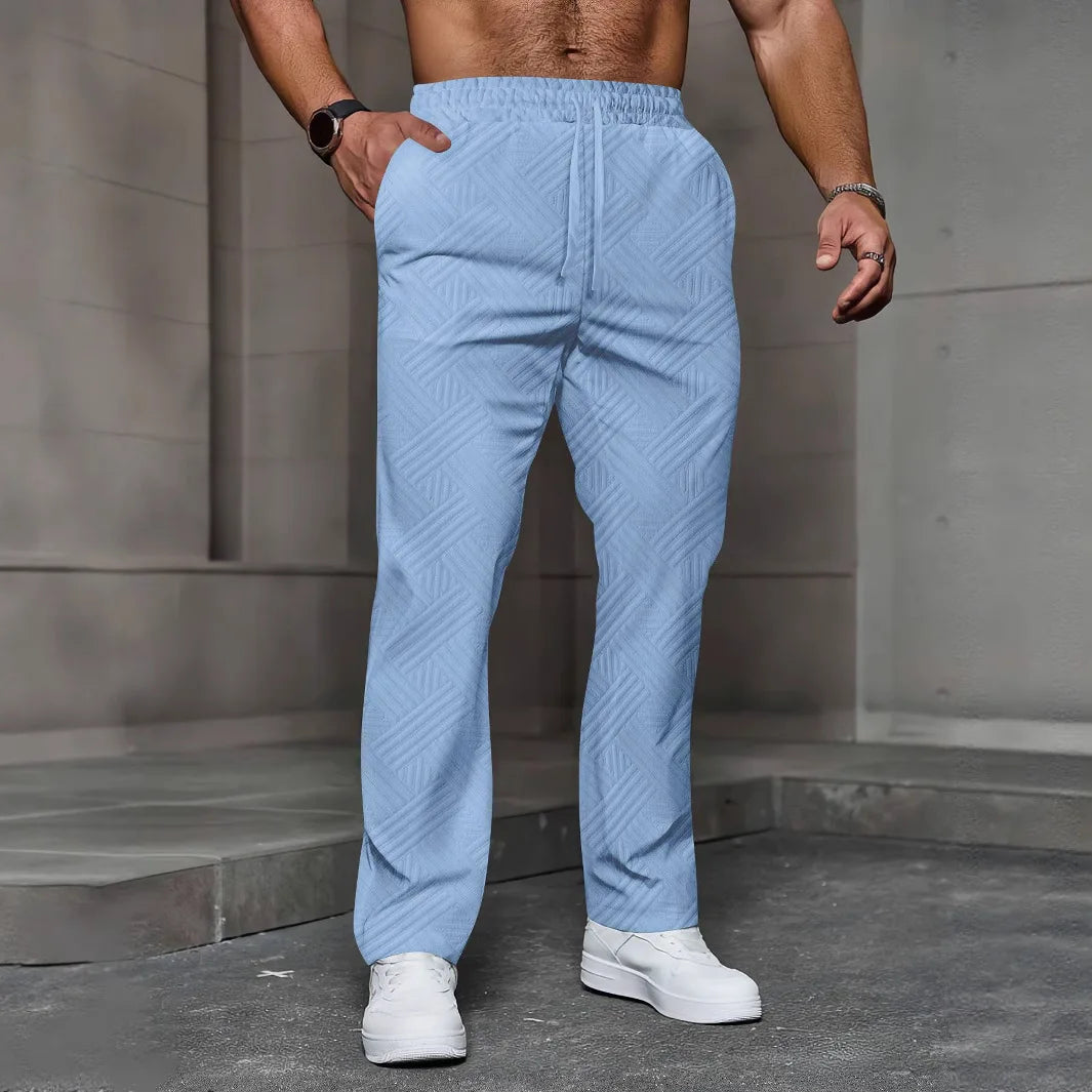 Men's sporty casual trousers, fashionable jacquard elastic waist street pants, solid-color loose all-season pants by DERILUJA LLC