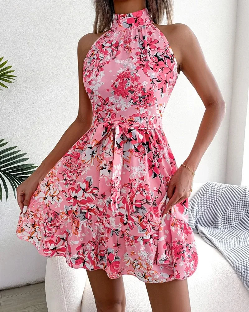 Spring Summer Floral Halter Neck Short Dresses Holiday Beach Sundress Casual Halter Short Dresses Clothes Women by DERILUJA LLC