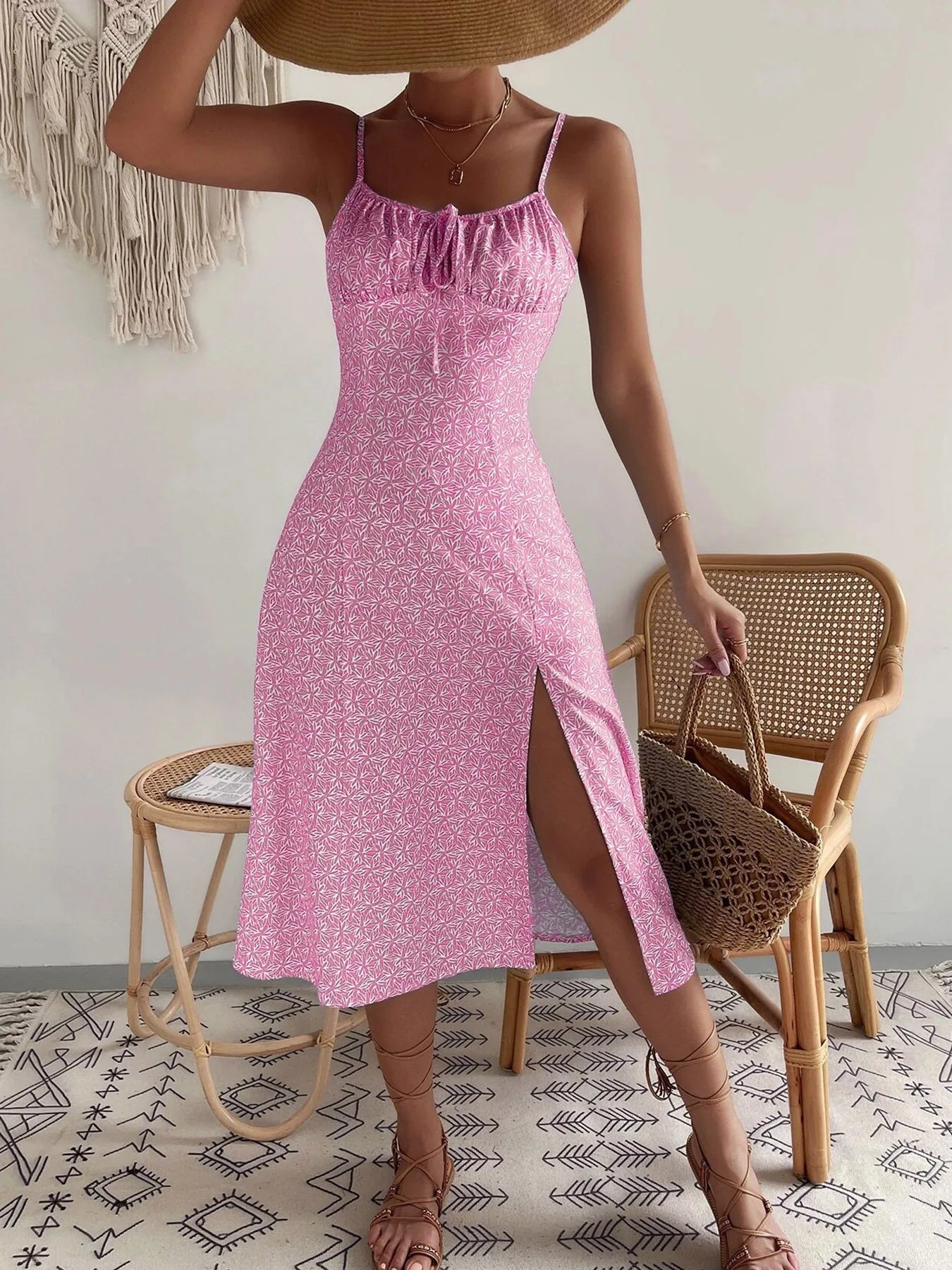 Dress Beach Style Floral Print Frock Lace-Up V-Neck Ruched Skirt Slit Hem Female Vestido by DERILUJA LLC