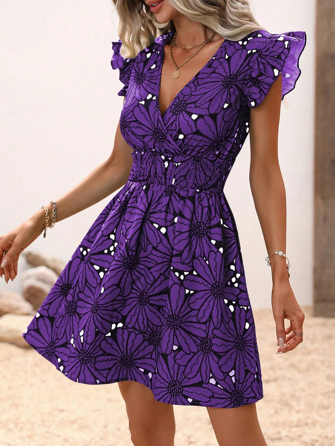 Fashion V-Neck Printed Dress Women's Petal Sleeve Mini Dresses Summer Party A-Line Dress Vestidos by DERILUJA LLC