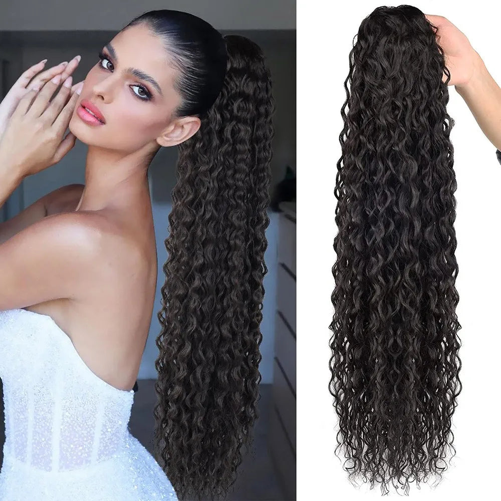 Synthetic Wig 24inch Long Curly Wave Drawstring Ponytail HairPieces Extension Heat Resistant Clip in For Women Girl by DERILUJA LLC