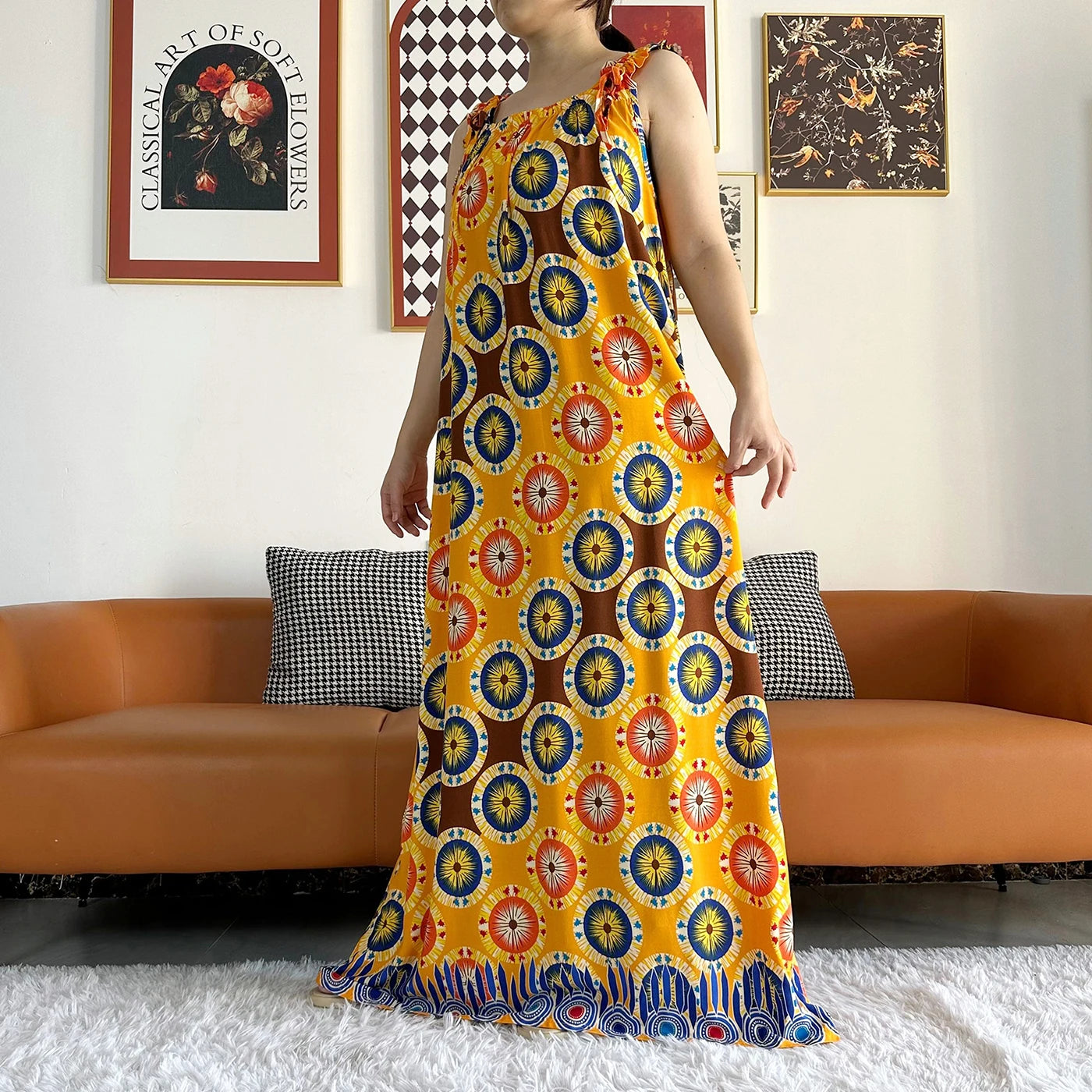 Cotton Summer Sleeveless Dress Print Floral Loose Women Casual Robe With Big Scarf by DERILUJA LLC