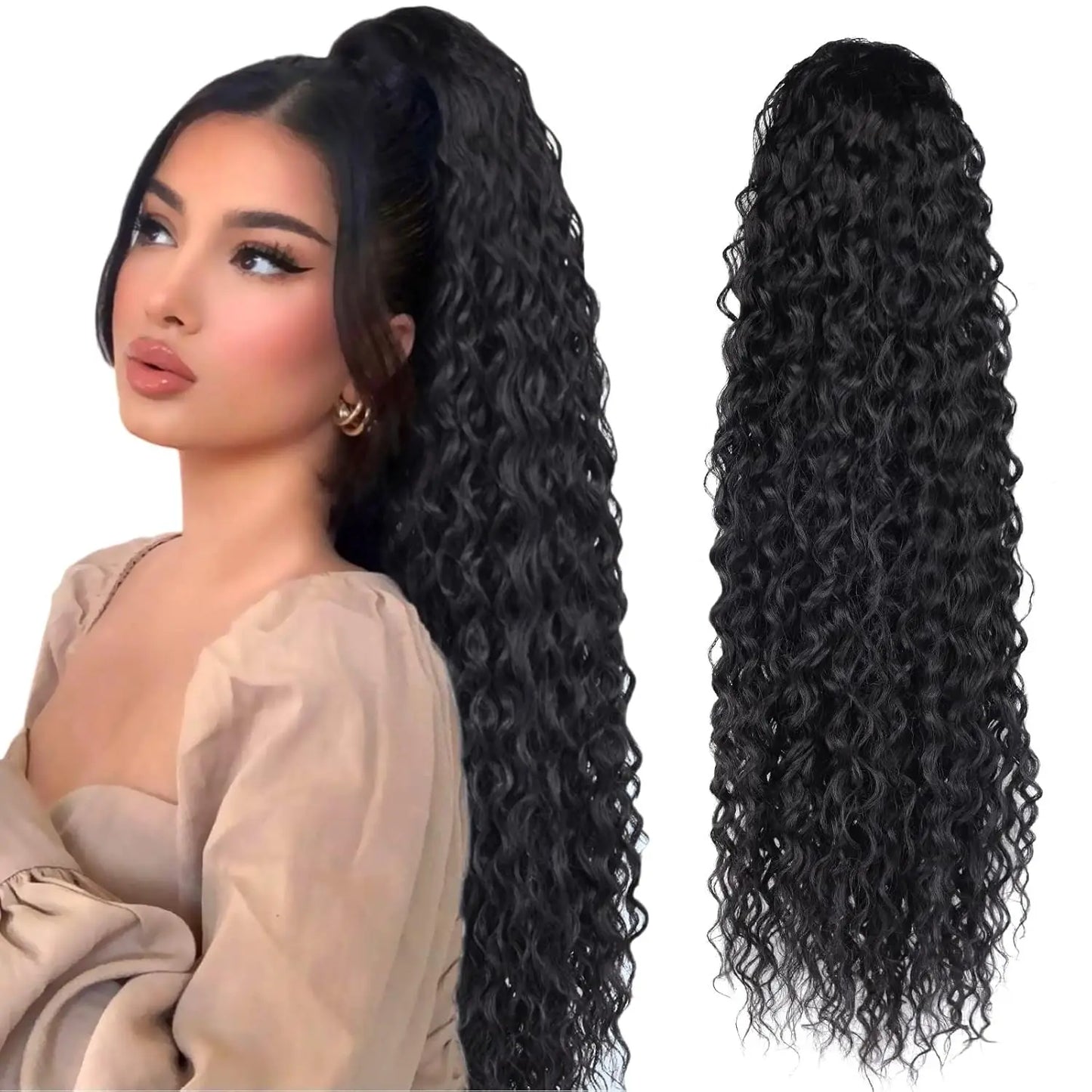Synthetic Wig 24inch Long Curly Wave Drawstring Ponytail HairPieces Extension Heat Resistant Clip in For Women Girl by DERILUJA LLC