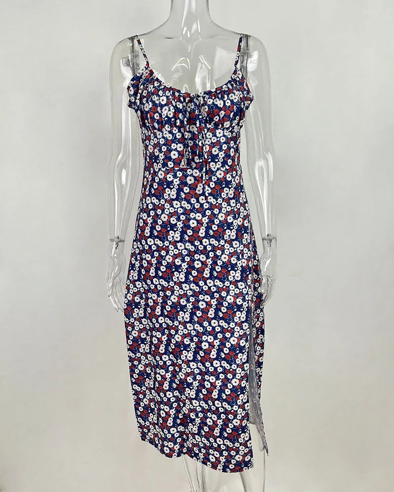 Flower Printed Spaghetti Strap Dresses For Women Low Cut Beach Party Slim Slit Dress Chic Bodycon Lady Sleeveless Vestidos by DERILUJA LLC