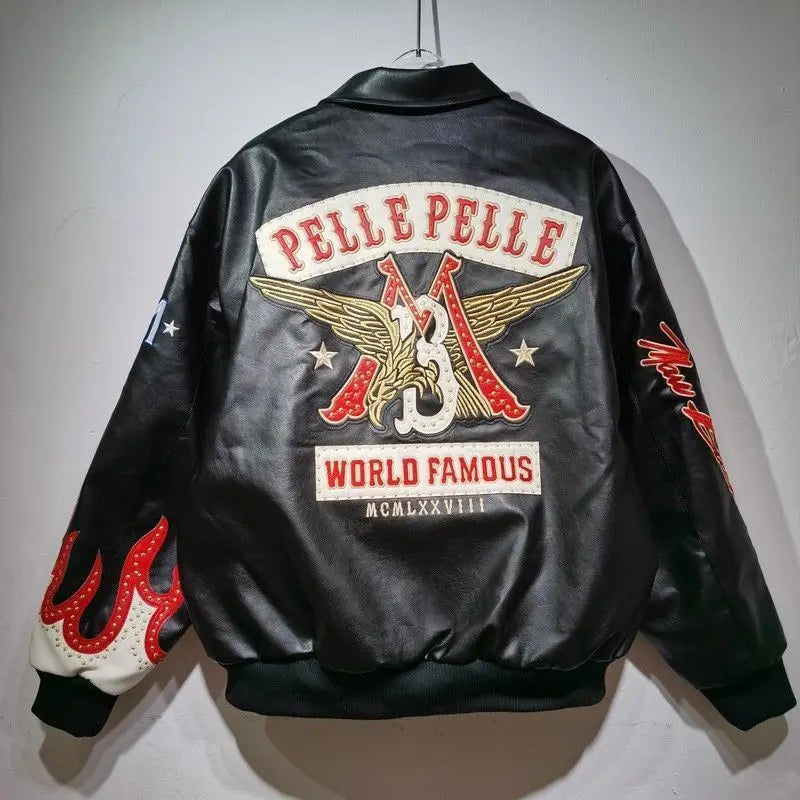 Hip-hop eagle embroidery leather jackets cool flame decoration baseball streetwear autumn and winter jacket men clothing by DERILUJA LLC