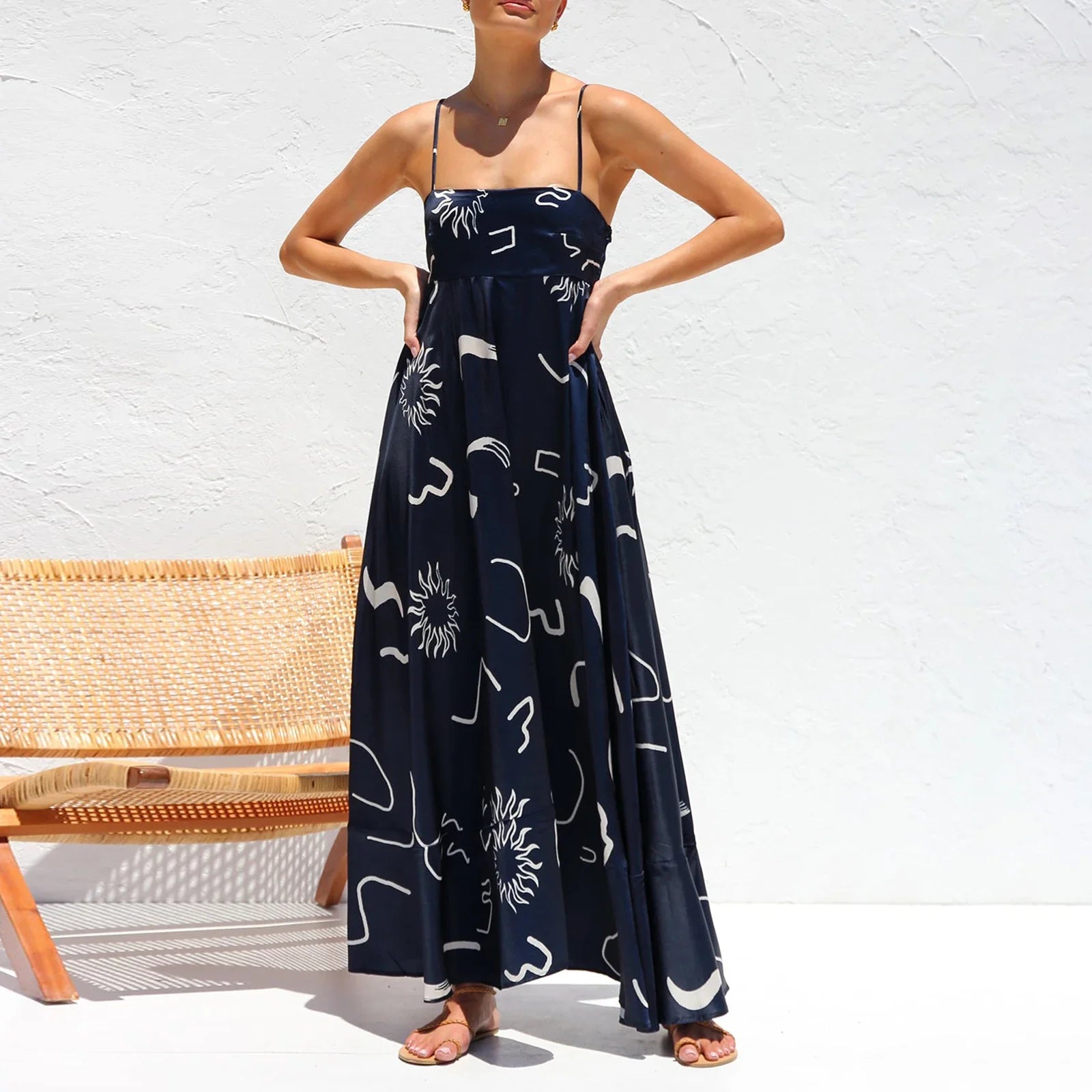 Women Sun Long Dress Swing Dress Slip Dress Spaghetti Straps Floral Backless Dresses Summer Lady Elegant Holiday Outfits by DERILUJA LLC