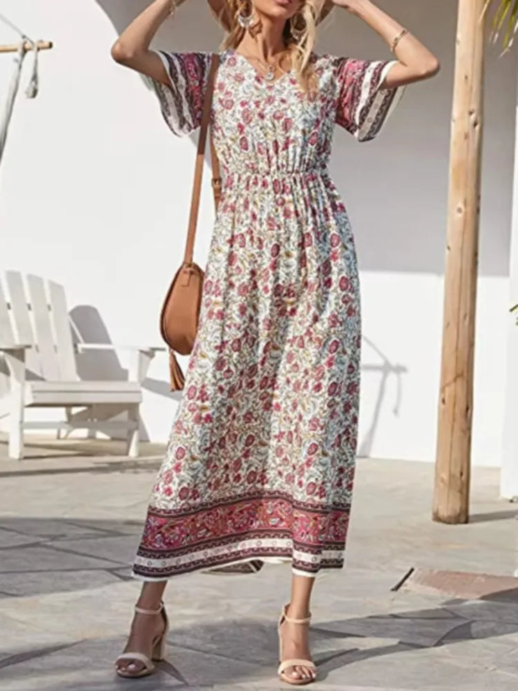 Maxi Dress Ladies V-neck Rayon Cotton Summer Boho Dresses Robe by DERILUJA LLC