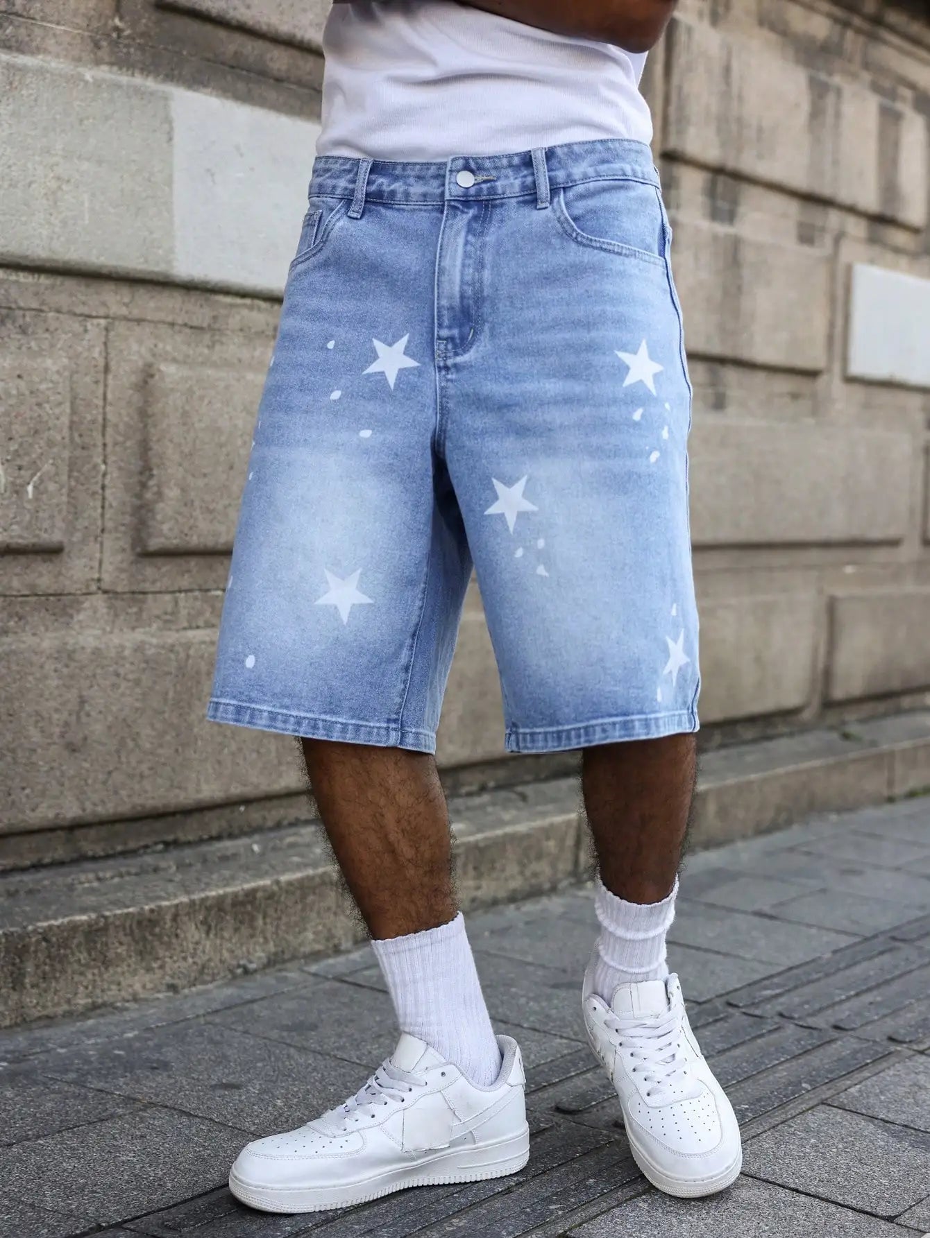 Men's blue denim shorts for spring and summer, with stars printed on the legs, are stylish and simple to match. by DERILUJA LLC