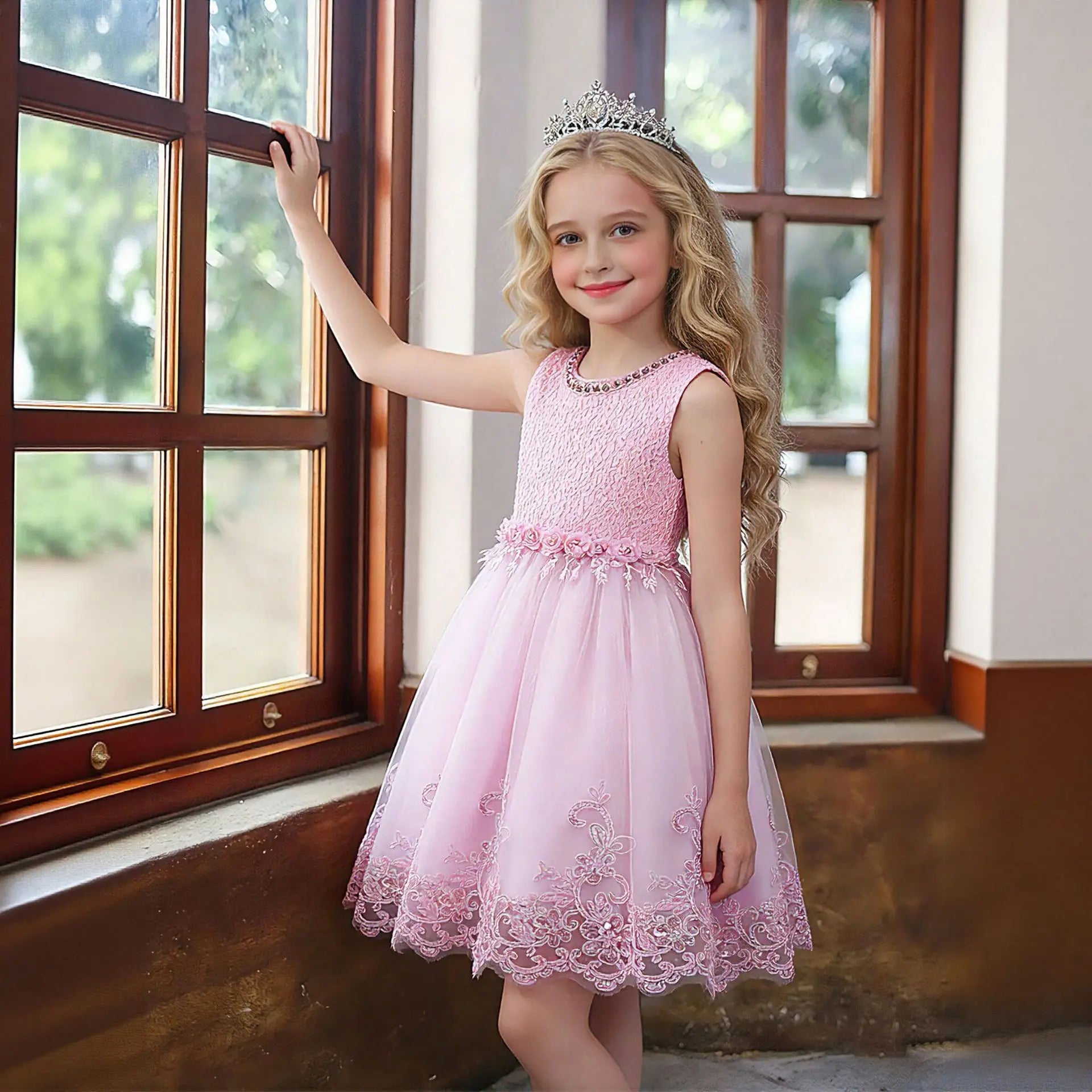 Girls Lace Flower Dress Pearls Children Wedding Party Dresses Kids Christmas Ball Gown Formal Baby Frocks Clothes Girl Carnival by DERILUJA LLC