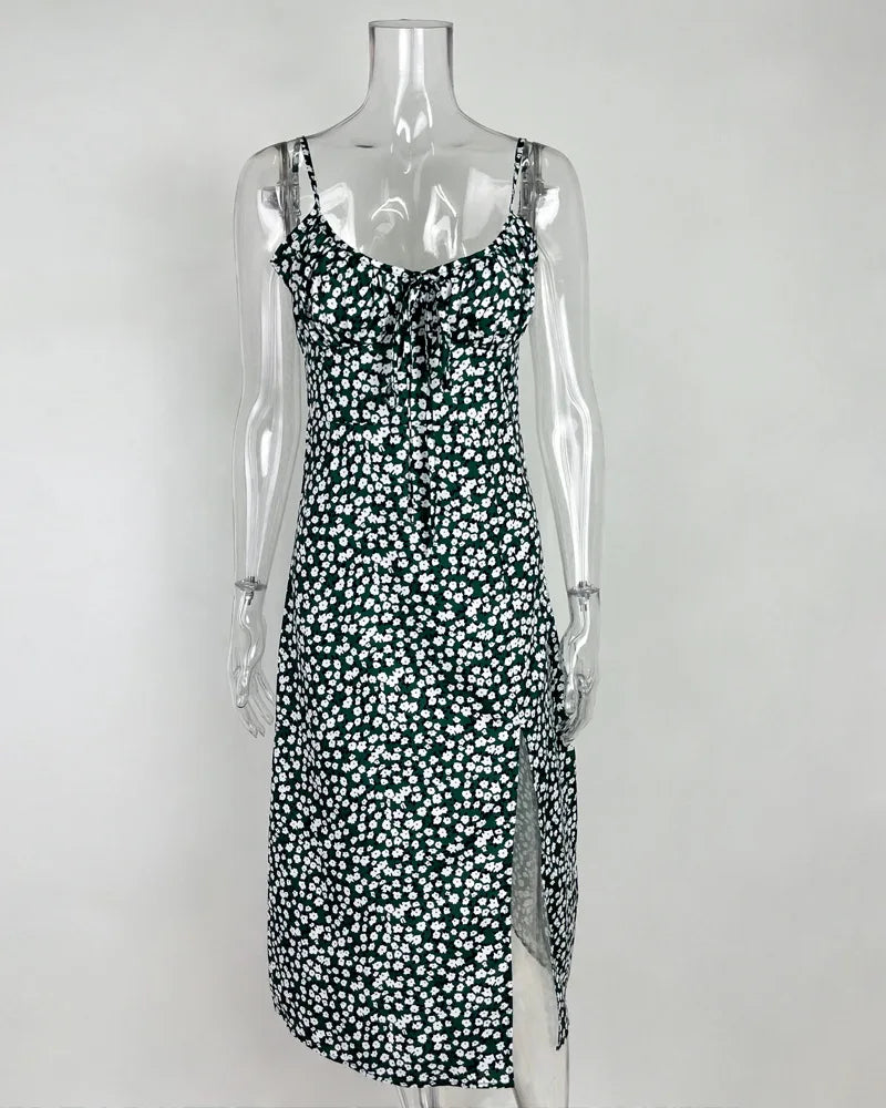 Flower Printed Spaghetti Strap Dresses For Women Low Cut Beach Party Slim Slit Dress Chic Bodycon Lady Sleeveless Vestidos by DERILUJA LLC