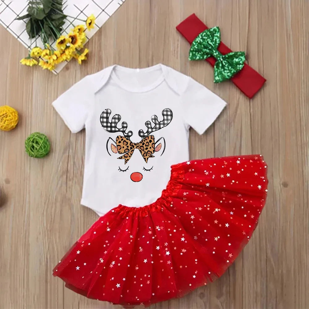 Deer Print Christmas Baby Romper & Tutu Set Christmas Girls Outfit Infant Baptism Short Sleeve Bodysuit Dress Xmas Outfits Skirt by DERILUJA LLC