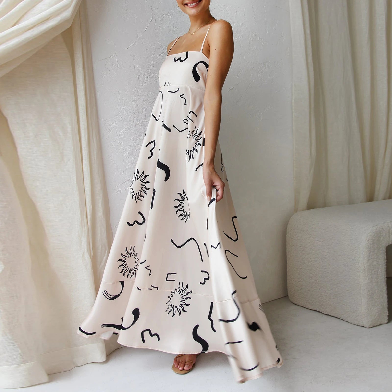 Women Sun Long Dress Swing Dress Slip Dress Spaghetti Straps Floral Backless Dresses Summer Lady Elegant Holiday Outfits by DERILUJA LLC