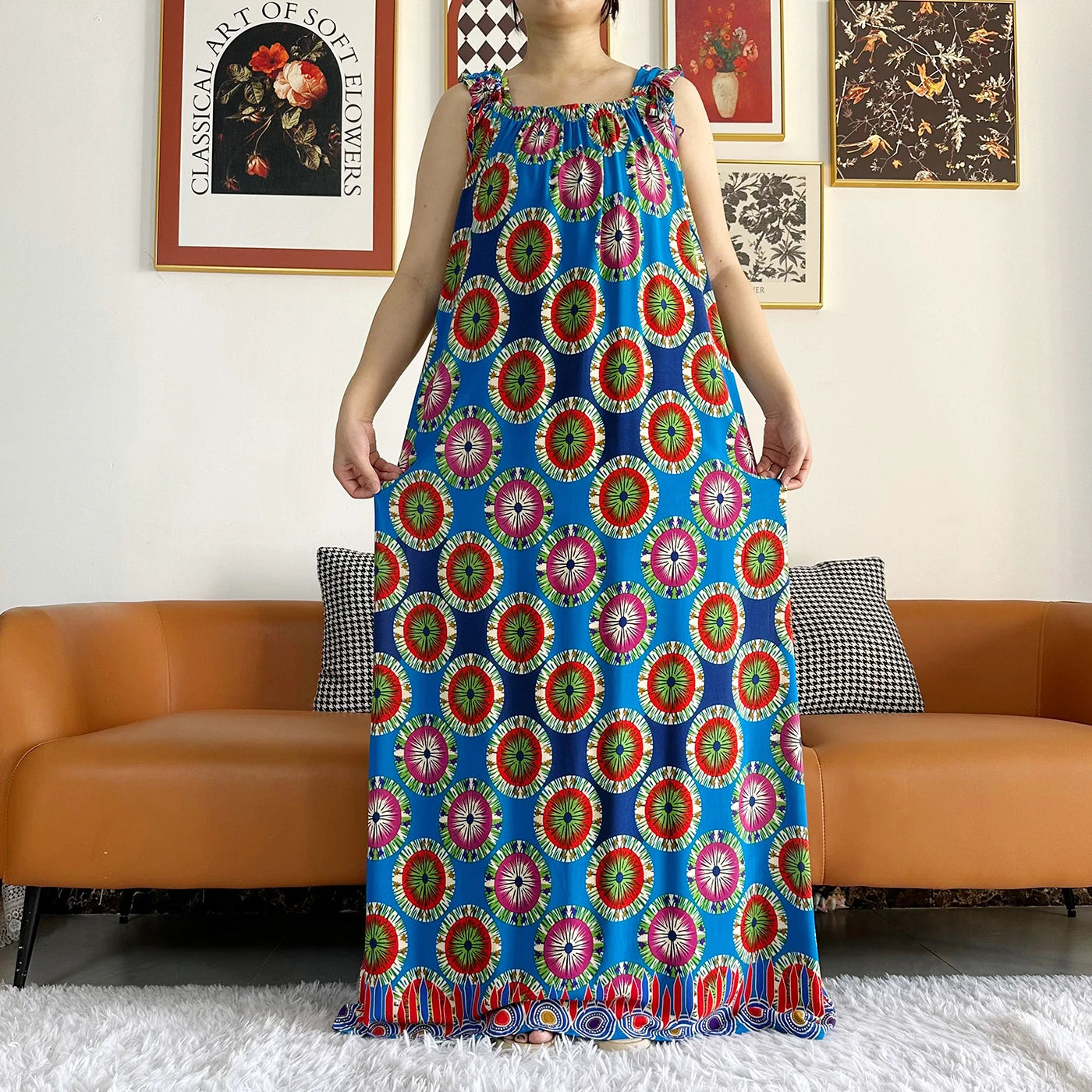 Cotton Summer Sleeveless Dress Print Floral Loose Women Casual Robe With Big Scarf by DERILUJA LLC