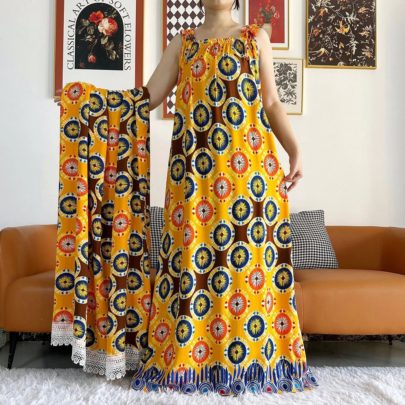 Cotton Summer Sleeveless Dress Print Floral Loose Women Casual Robe With Big Scarf by DERILUJA LLC