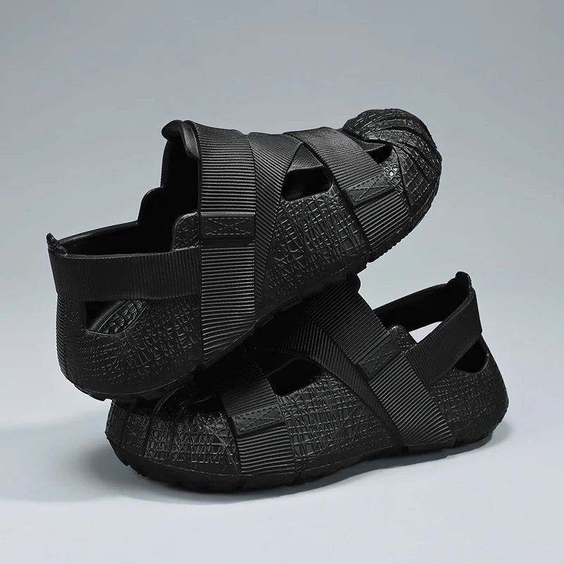 Summer Men's Outdoor Hollow Sandals Flat Bottom Non Slip Women's Garden Beach Breathable Soft Bottom Sneakers Large Sandals by DERILUJA LLC