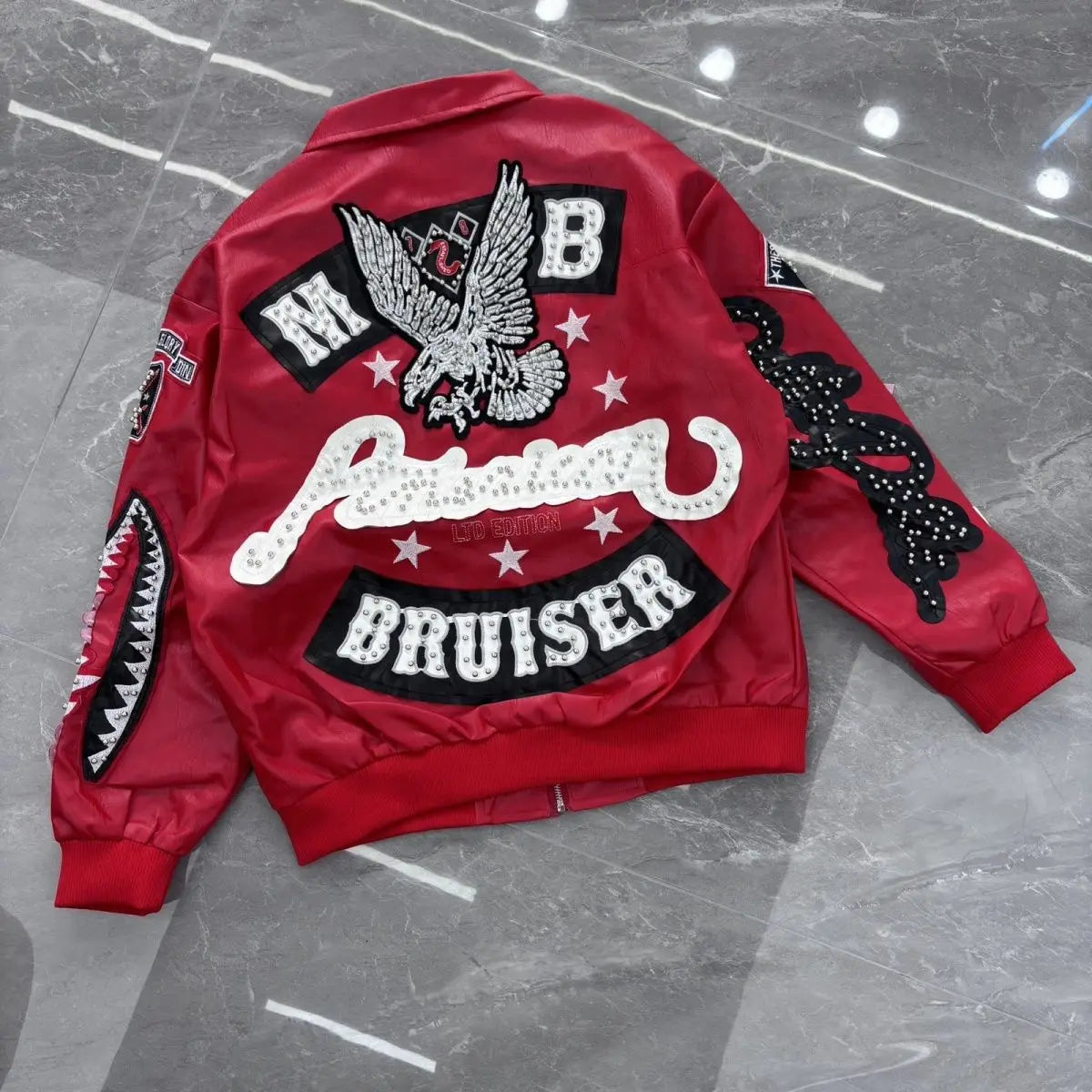 Heavy Industry Embroidery American Retro Motorcycle Coat Men's and Women's Stand Collar Flight Jacket Leather Jacket New Coat by DERILUJA LLC