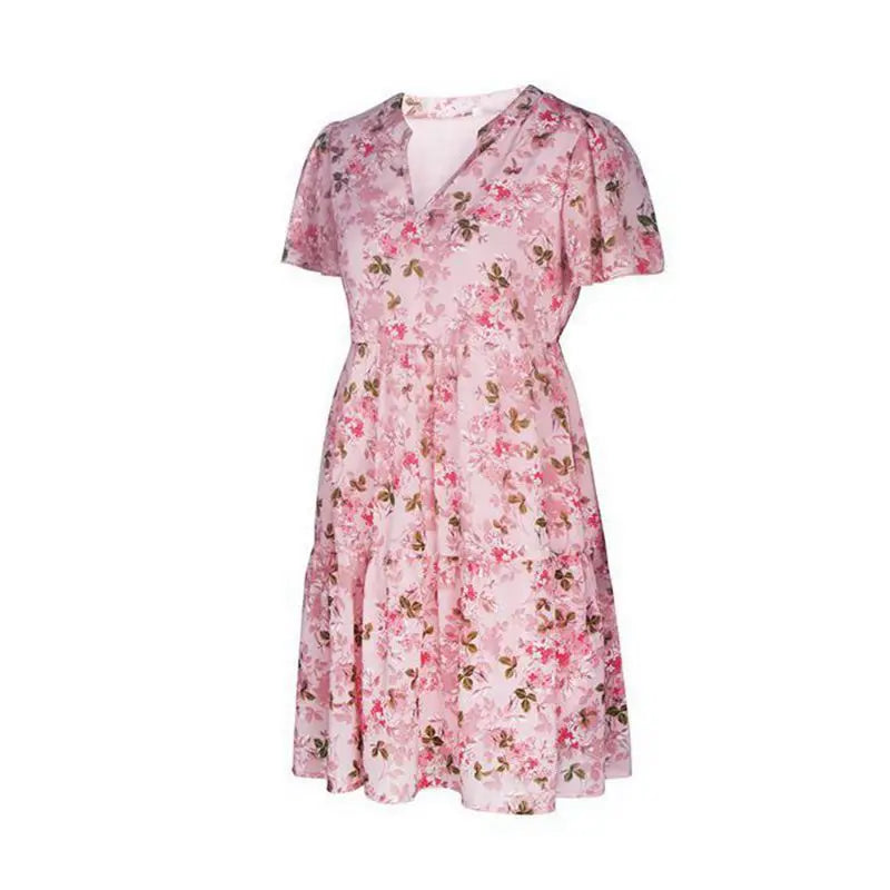 Spring Summer Fashion Women V Neck Short Sleeve Loose Chic Floral Printed Dress by DERILUJA LLC