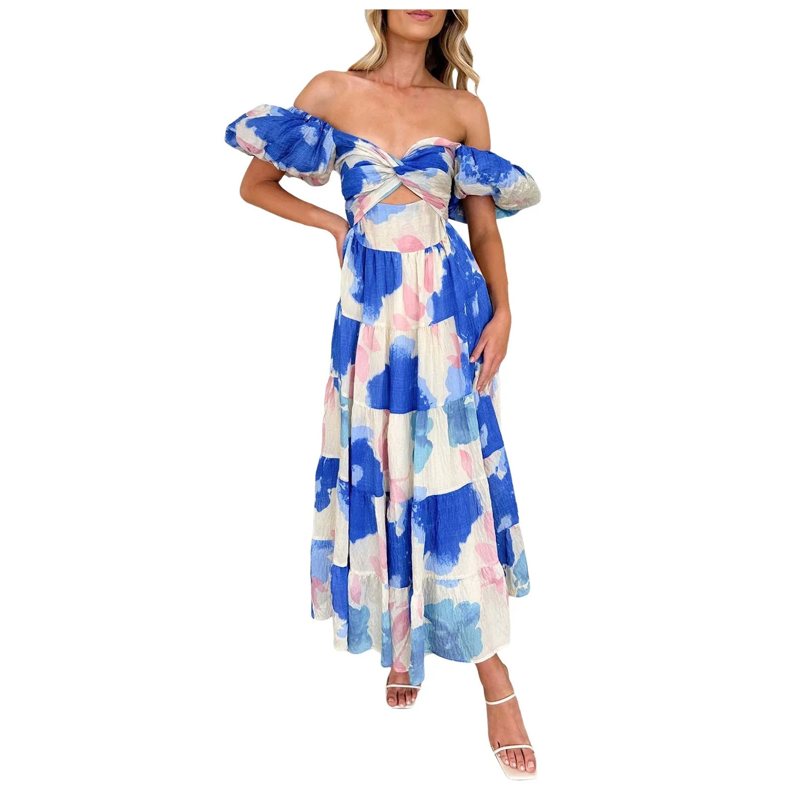 Summer V Neck Cutout Floral Print Dresses Elegant Women Puff Short Sleeve Casual Dress Pleated Waisted Swing Beach Long Dress 2026 by DERILUJA LLC