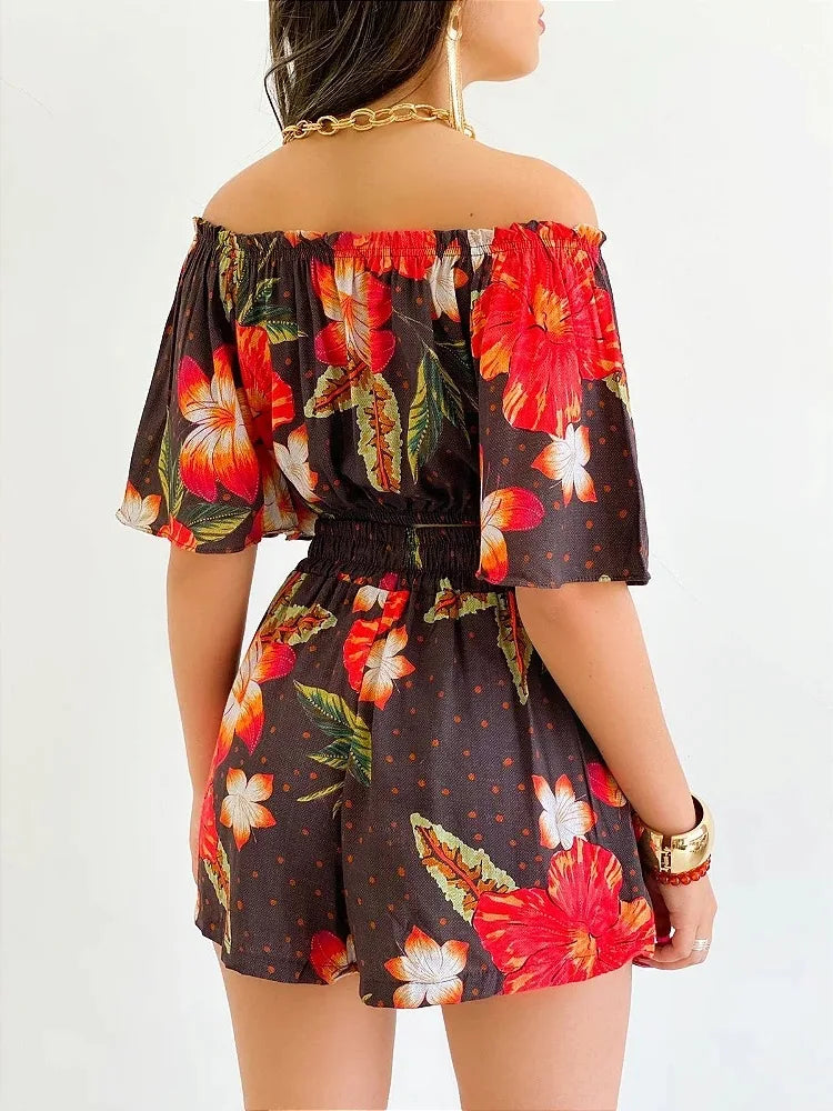 Shoulder Slash Neck T-shirt Shorts Set Office Lady Floral Print Lace Up Short Sleeve Two Piece Set Women Outfit 2026 by DERILUJA LLC