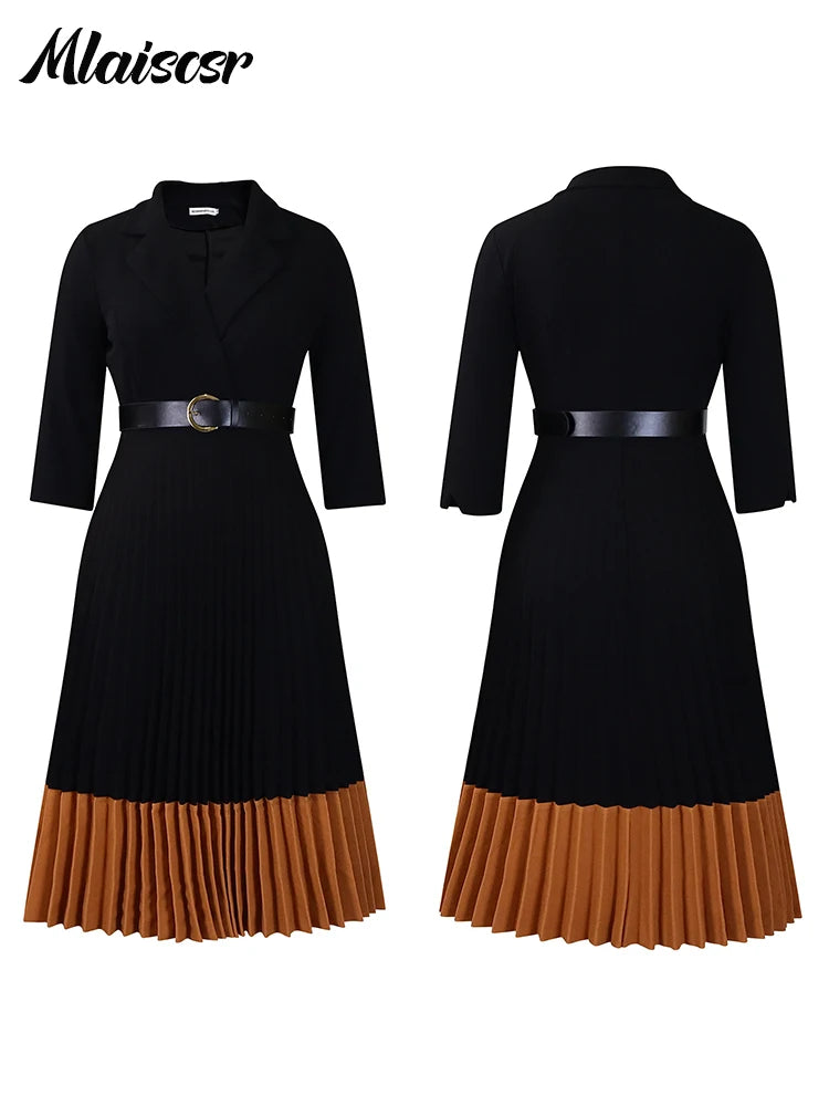 Elegant Long Sleeve Solid High Waist A Line Pleated Dress with Belt Women Office Lady Birthday Evening Vestidos by DERILUJA LLC