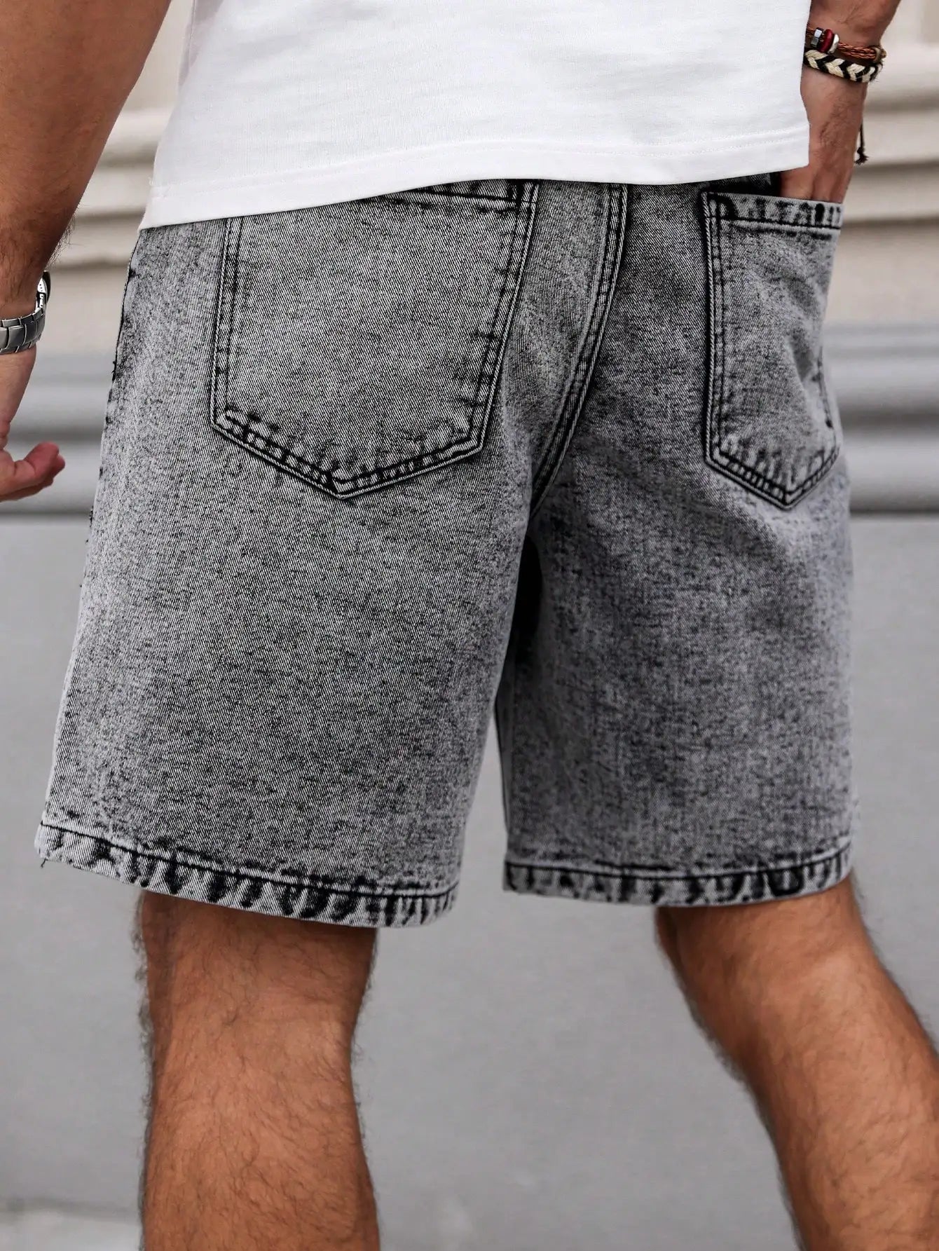 Men's Summer Denim Shorts. Straight-leg fit. Ripped design. Dark gray denim embroidered shorts by DERILUJA LLC