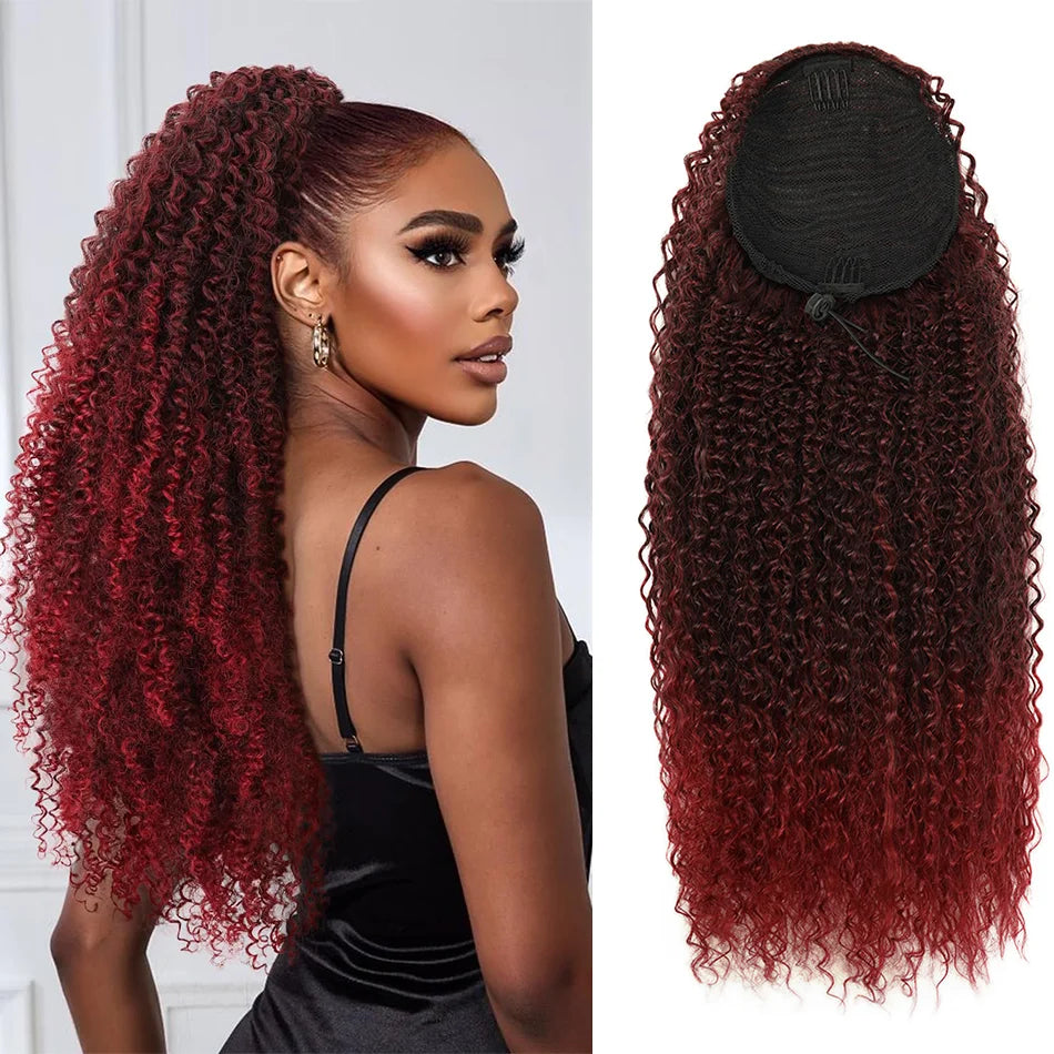 BOL Synthetic Curly Ponytail Extension Kinky Curly Hair Soft Drawstring Ombre Burgundy Ponytail Fake Hair Extension for Women by DERILUJA LLC