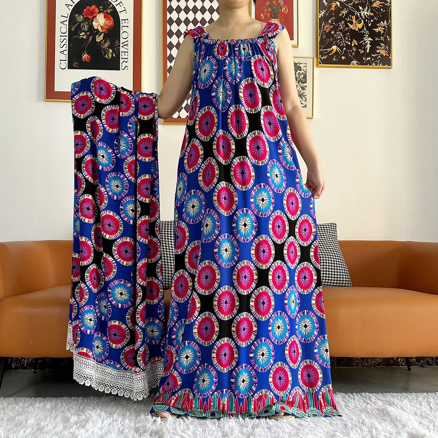 Cotton Summer Sleeveless Dress Print Floral Loose Women Casual Robe With Big Scarf by DERILUJA LLC