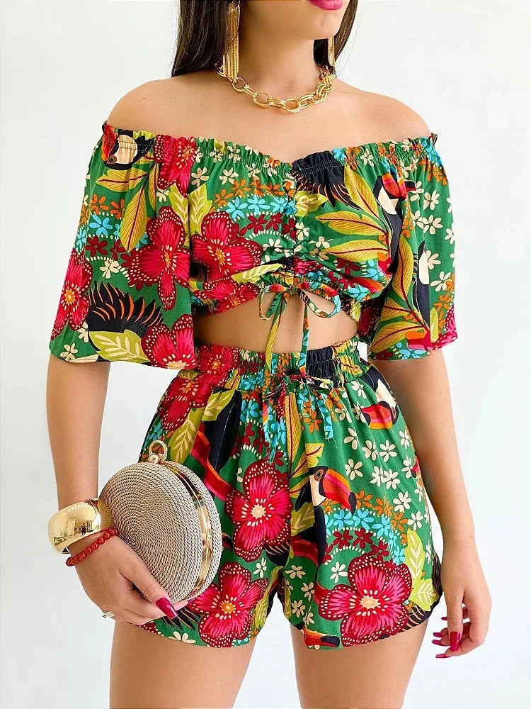 Shoulder Slash Neck T-shirt Shorts Set Office Lady Floral Print Lace Up Short Sleeve Two Piece Set Women Outfit 2026