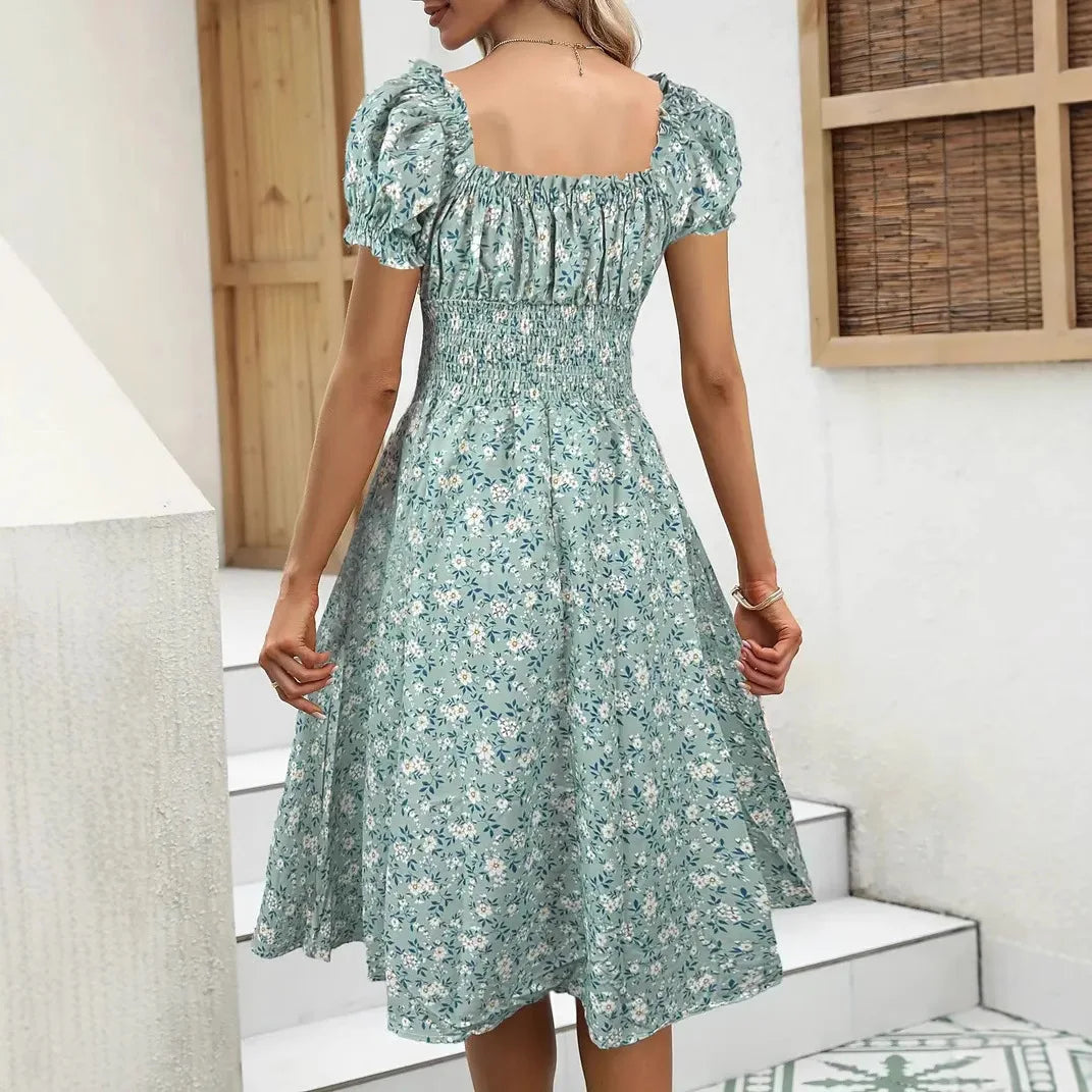 2026 Summer New Vintage Floral Bubble Sleeve French Dress by DERILUJA LLC