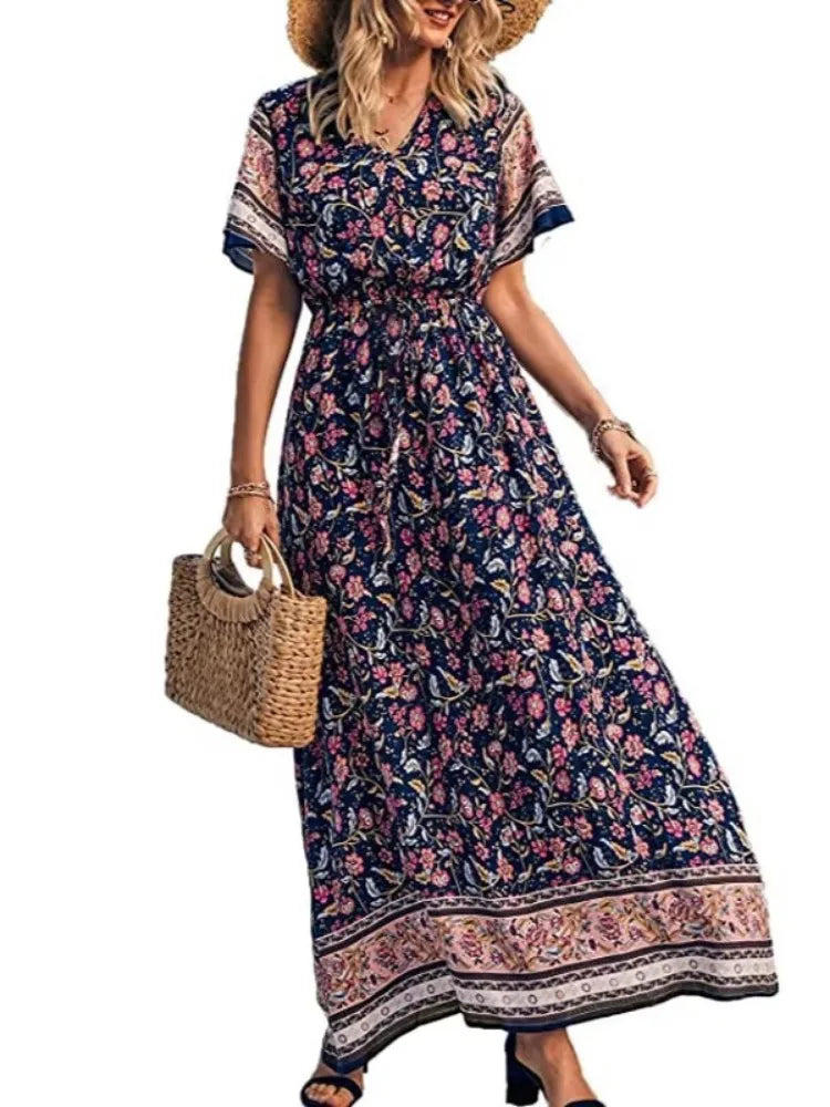 Maxi Dress Ladies V-neck Rayon Cotton Summer Boho Dresses Robe by DERILUJA LLC