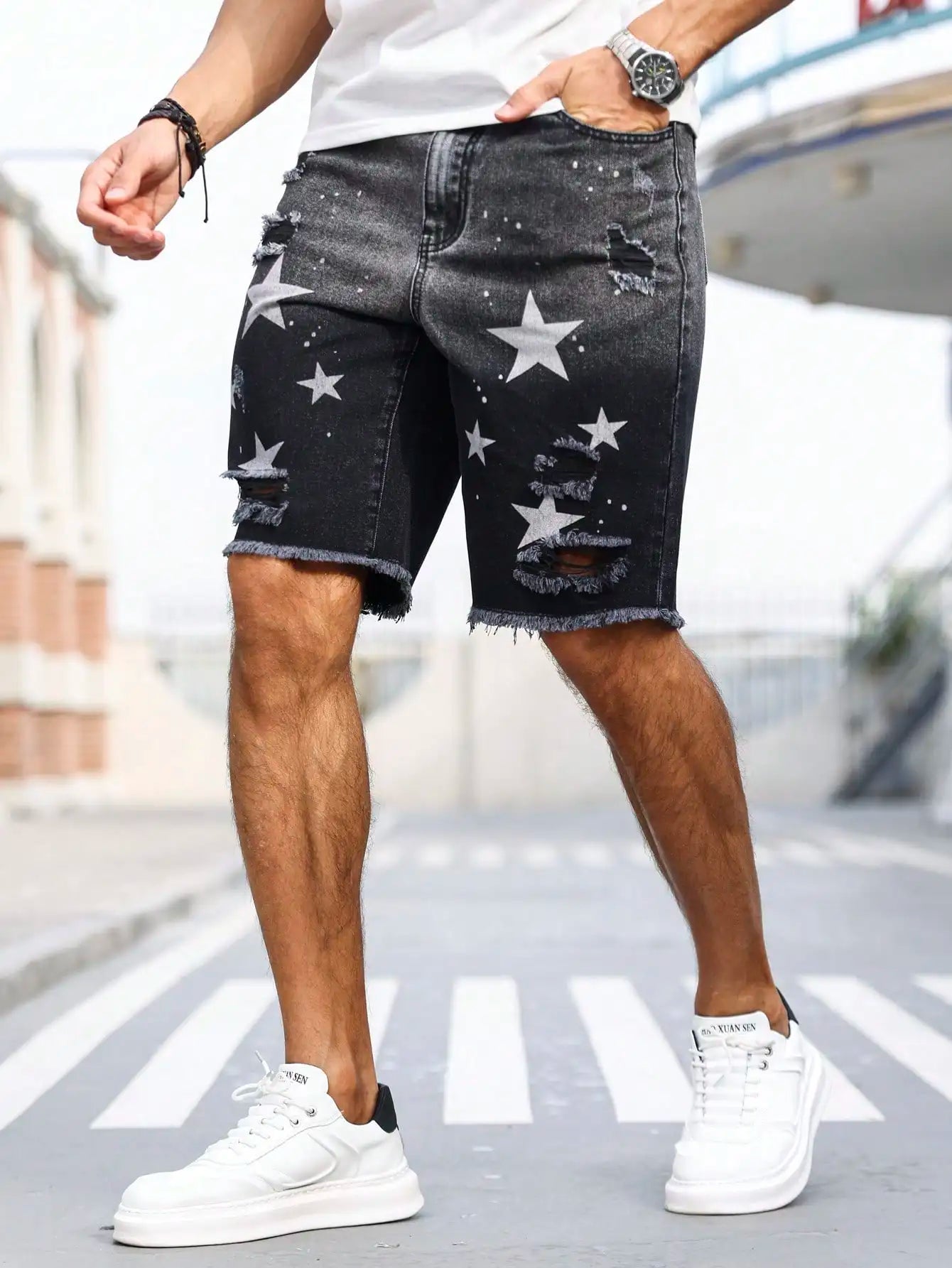 Men's summer denim printed shorts. Black - grey gradient color. Ripped details. Street - style trend. by DERILUJA LLC