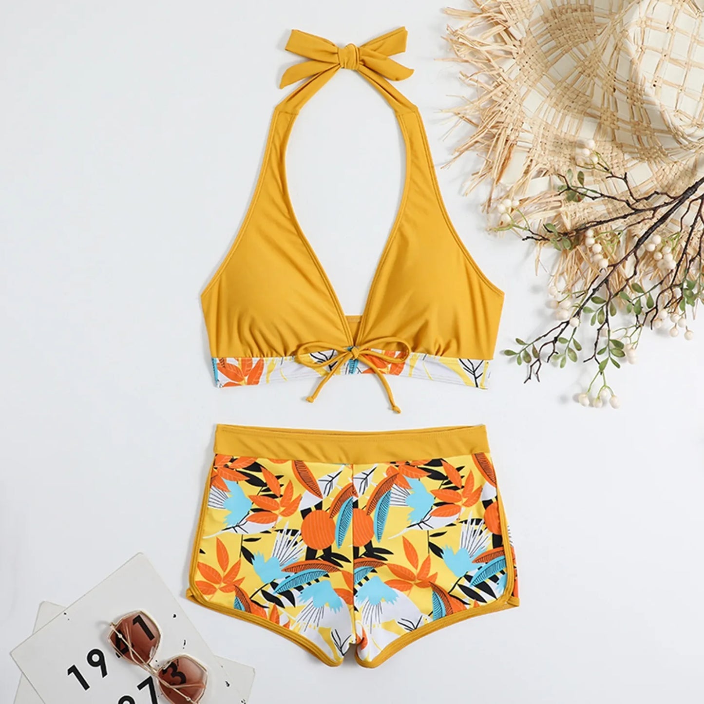 Women's Paneled Printed Swimsuit Ladies Fashion High Waist Swimsuit Two-Piece Set V-Neck Bathing Suits Female by DERILUJA LLC