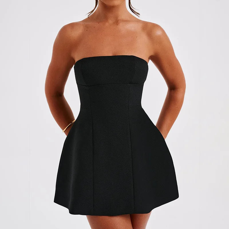Mini Dresses Solid Patchwork High Waist Summer Fashion Female Bodycon Plunge Vacation Strapless Dress by DERILUJA LLC