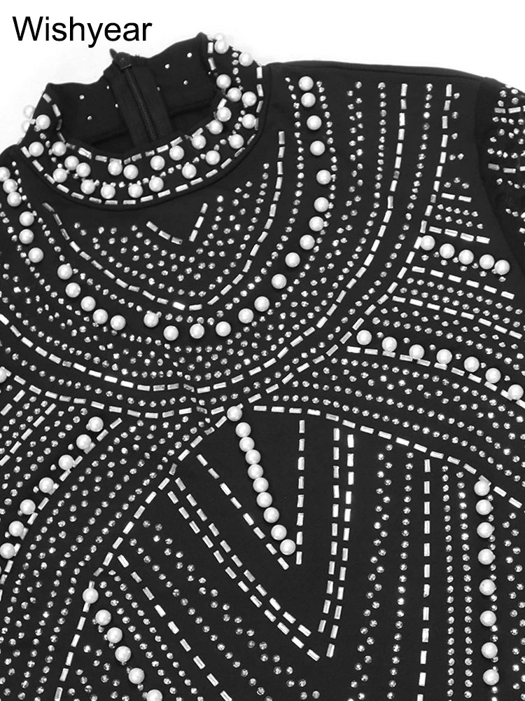 New Sparkle Rhinestone Pearl Mini Dress Women Luxury Stand Neck Crystal Night Club Short Evening Party Vestidos Birthday Outfits by DERILUJA LLC