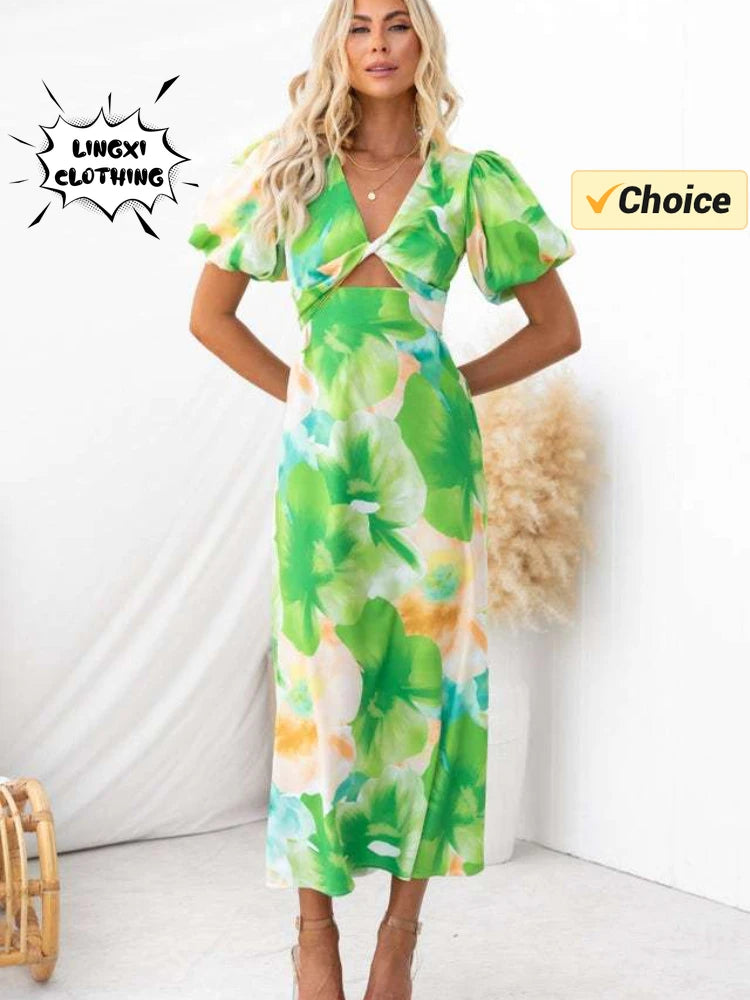 Summer Fashion New Women's PartyDress V-Neck Long Hollow Open Back Print A-line Long Bubble Sleeve Dress 2026 by DERILUJA LLC