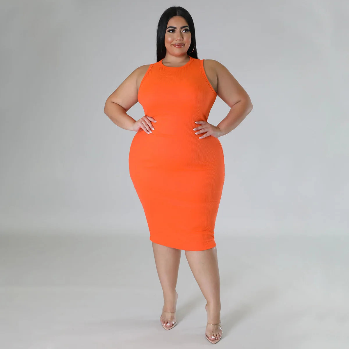 Women Plus size Fashion Sleeveless Knit Ribbed Bodycon Midi Tank Dress by DERILUJA LLC