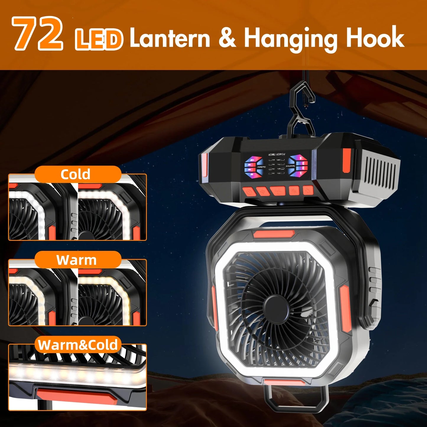 Rechargeable Portable camping Fan 40000mah 720° Rotating Hanging Fan Night Light Air Cooler Outdoor Camping Tent fans ventilador by DERILUJA LLC