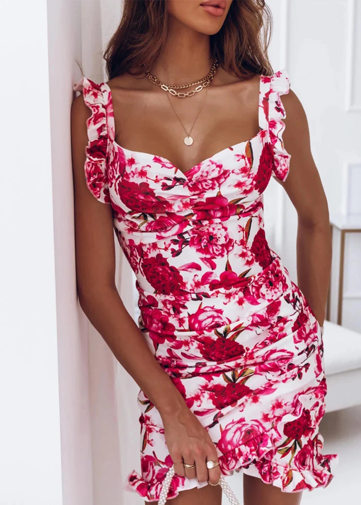Summer New Women's Ruffle Edge Sleeveless V-neck Wrap Hip Fragmented Flower Dress by DERILUJA LLC